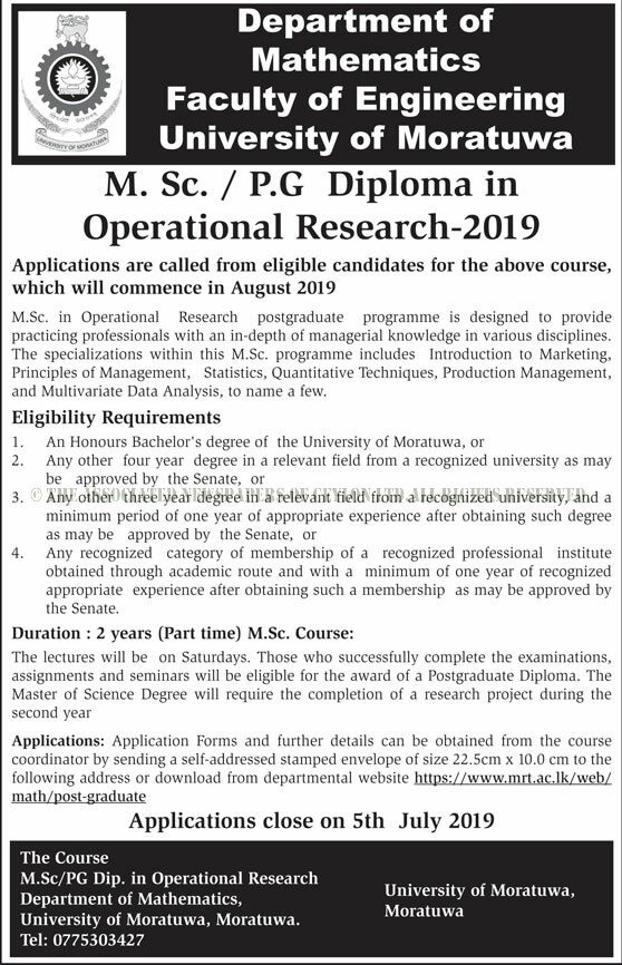 M. Sc. / P.G Diploma in Operational Research 2019 - Faculty of Engineering - University of Moratuwa