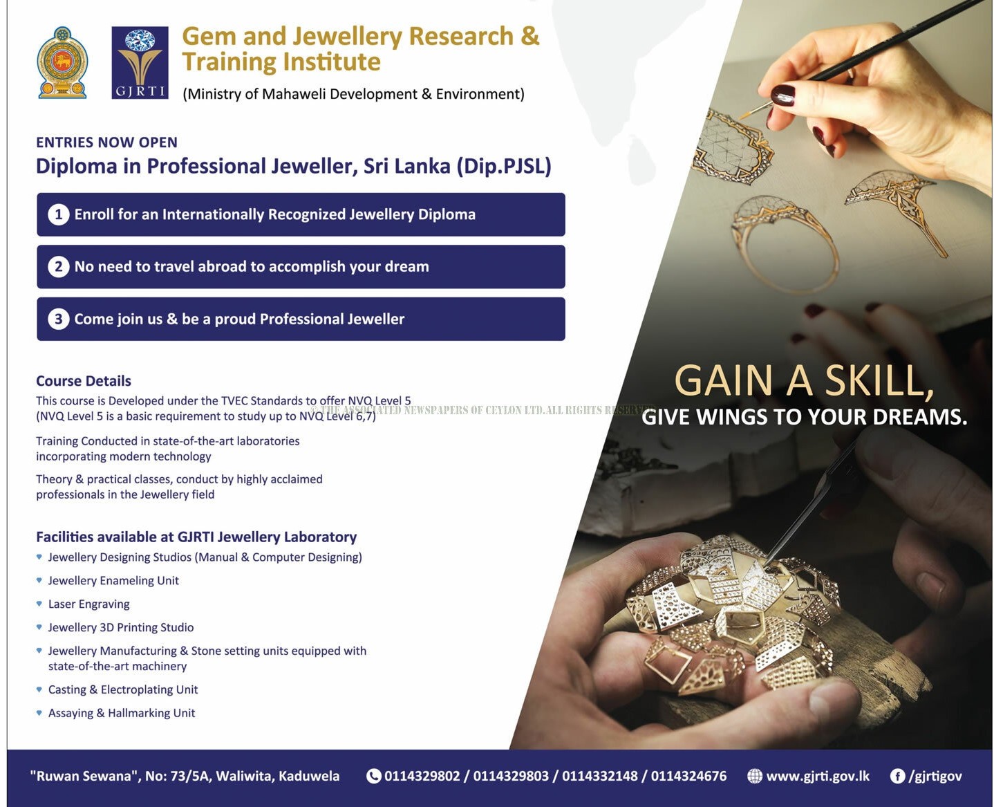 Diploma in Professional Jeweller - Gem & Jewellery  Research & Training Institute - Ministry of Mahaweli Development & Environment 