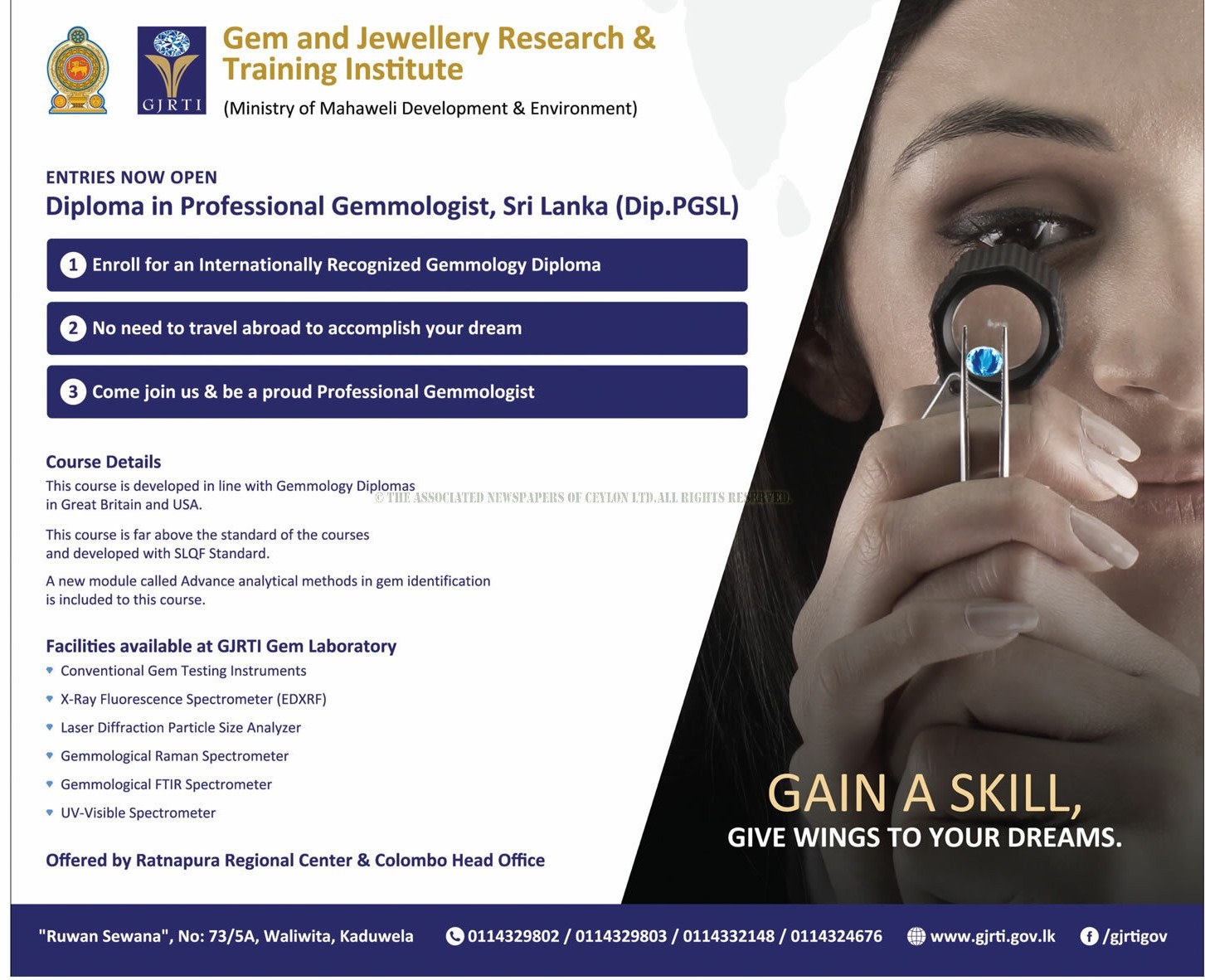 Diploma in Professional Gemmologist - Gem & Jewellery  Research & Training Institute - Ministry of Mahaweli Development & Environment 