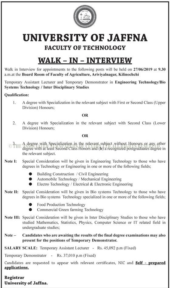 Temporary Assistant Lecturer, Temporary Demonstrator - University of Jaffna