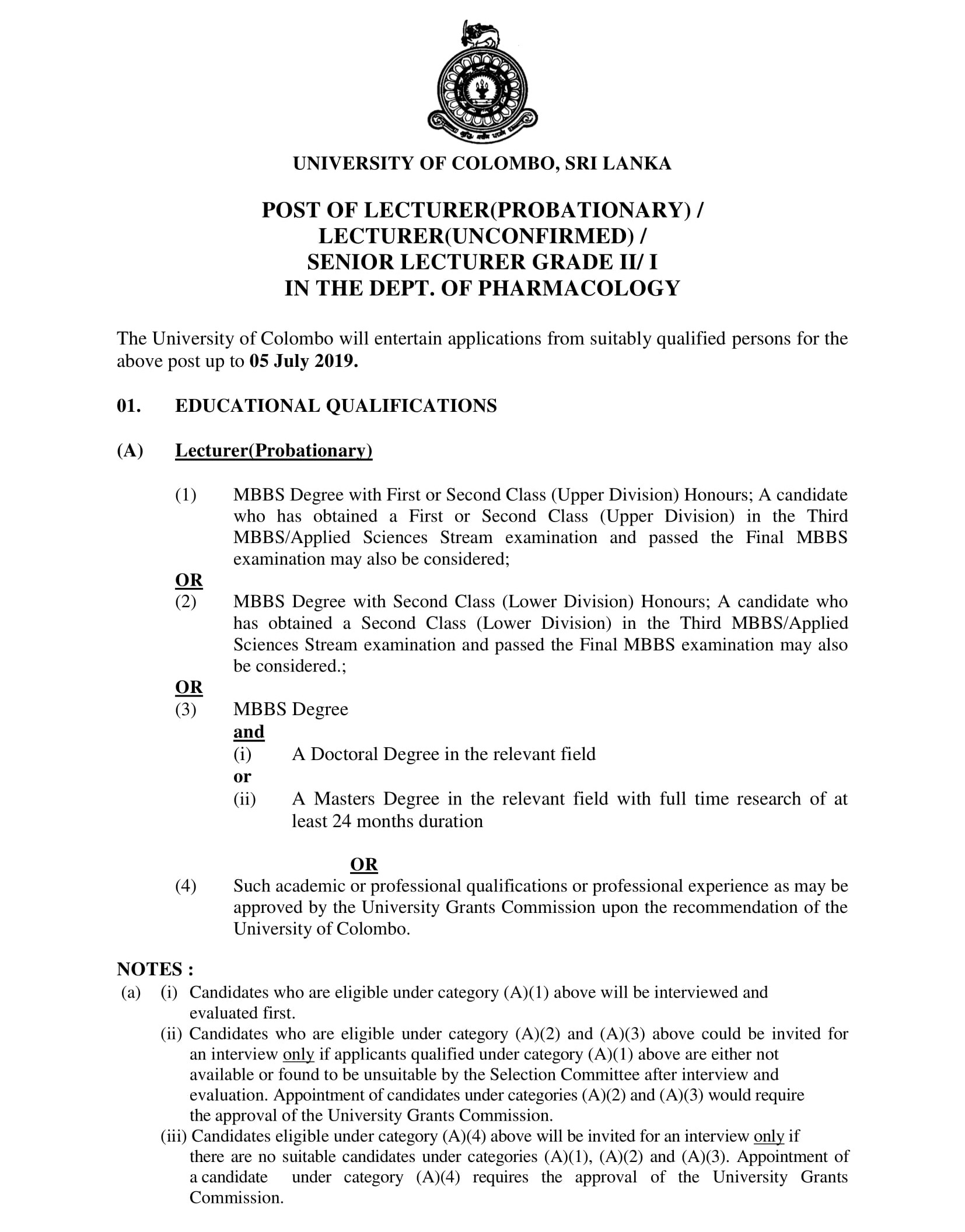 Senior Lecturer, Lecturer - Department of Pharmacology - University of Colombo