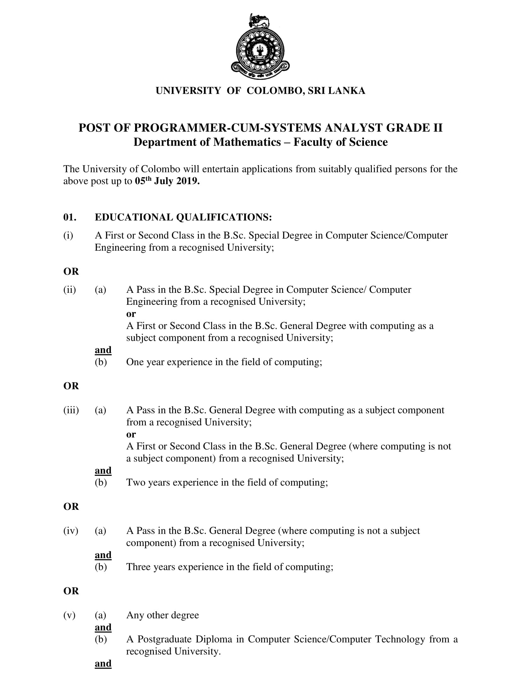 Programmer cum Systems Analyst - Department of Mathematics - University of Colombo