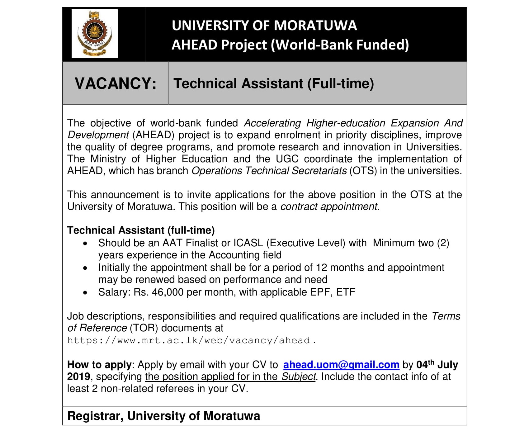 Technical Assistant, Technology Licensing Officer, UBL Cell Manager - University of Moratuwa