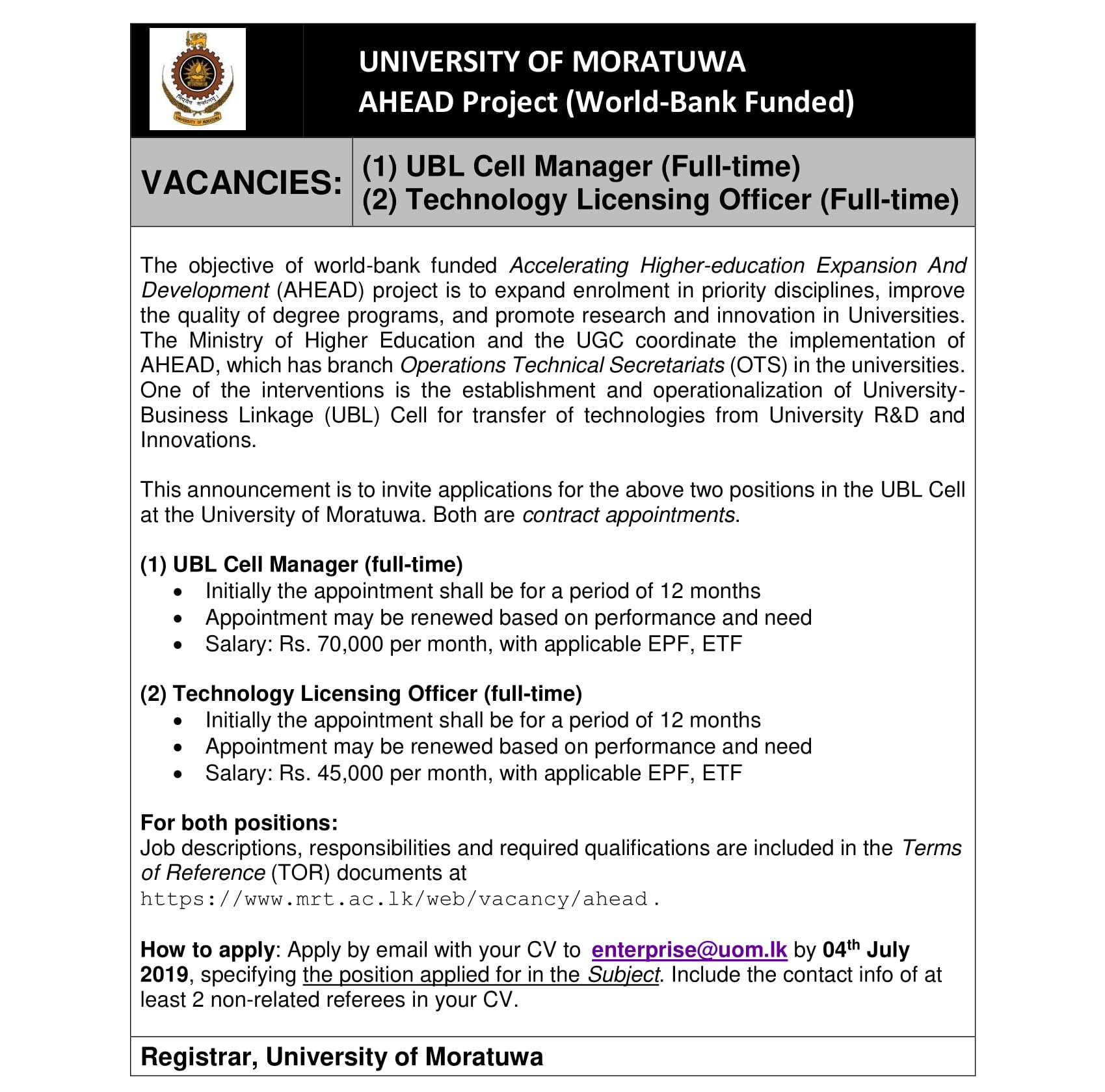 Technical Assistant, Technology Licensing Officer, UBL Cell Manager - University of Moratuwa