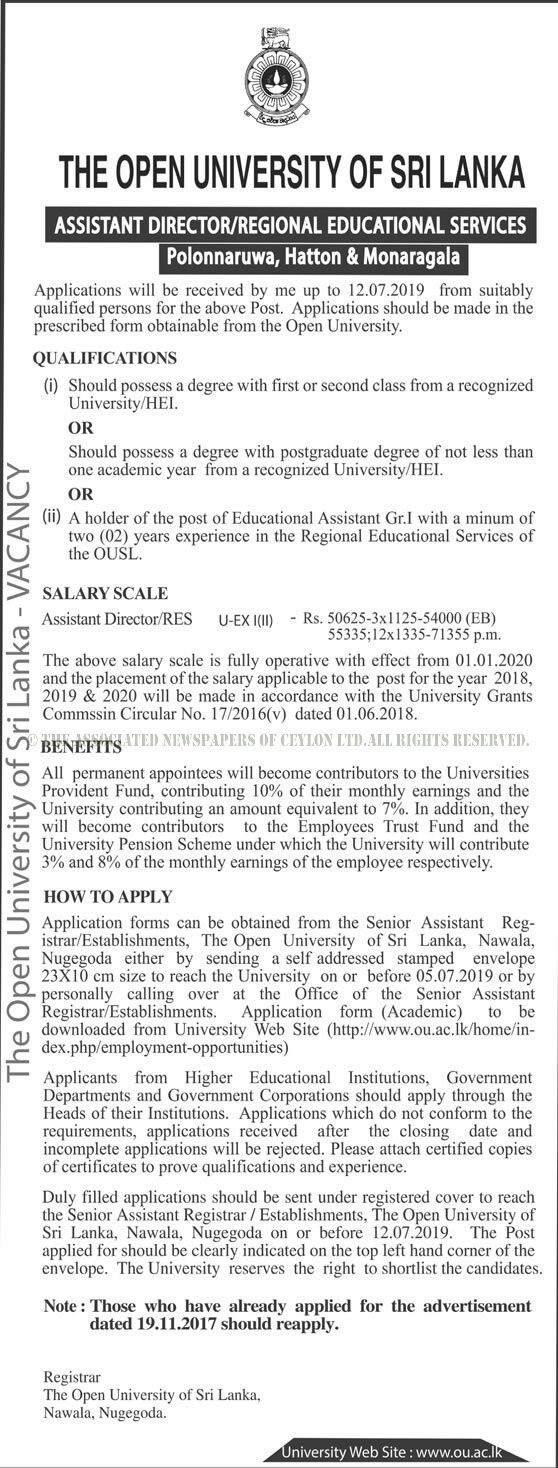 Assistant Director (Regional Educational Services) - The Open University of Sri Lanka