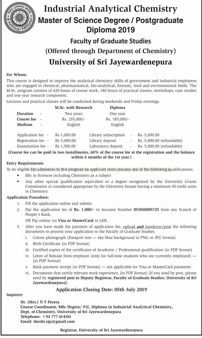 Master of Science Degree/Postgraduate Diploma 2019 - Faculty of Graduate Studies - University of Sri Jayewardenepura