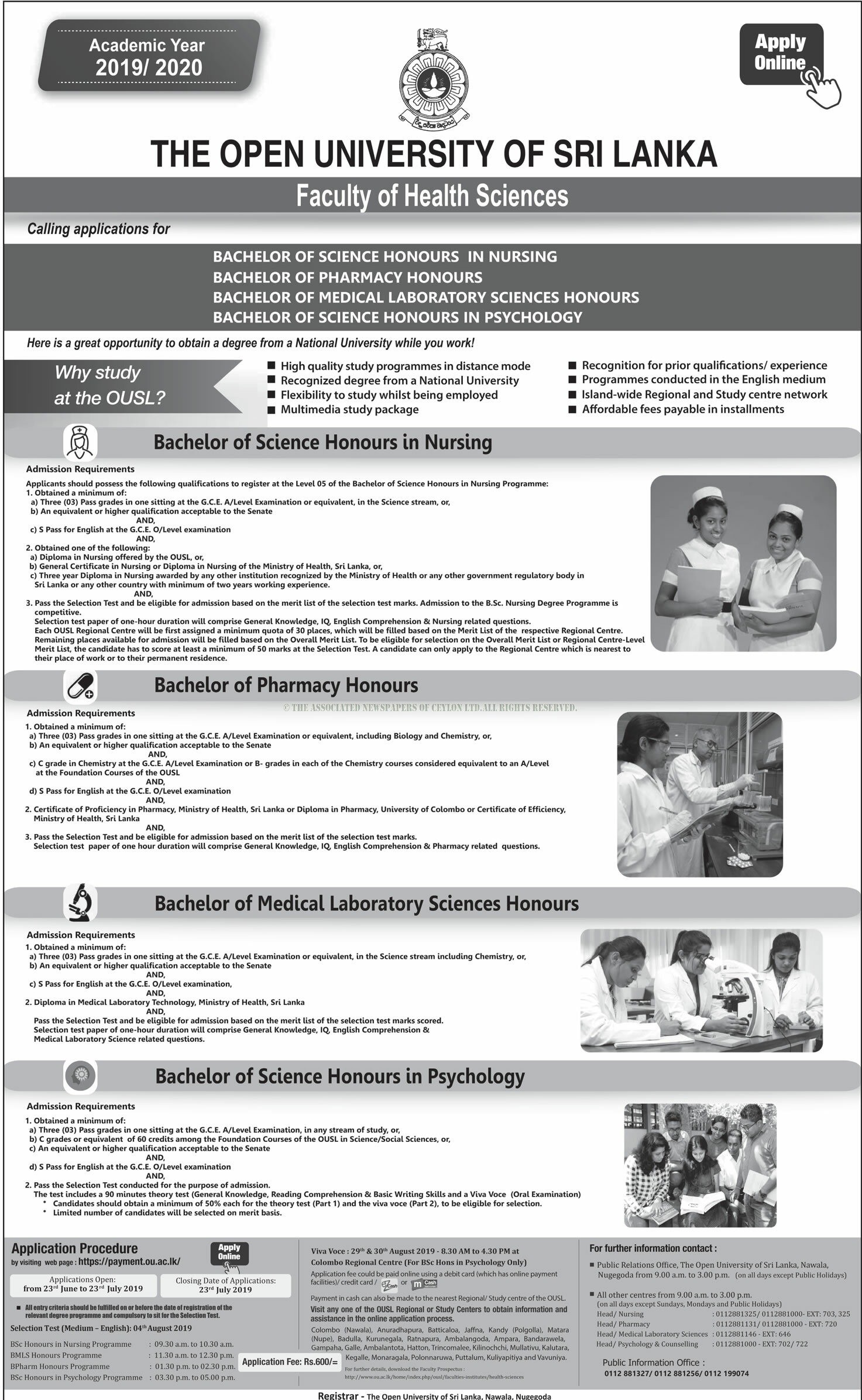 Bachelor of Science Honours in Nursing, Bachelor of Pharmacy Honours, Bachelor of Medical Laboratory Sciences Honours, Bachelor of Science Honours in Psychology - Faculty of Health Sciences - The Open University of Sri Lanka