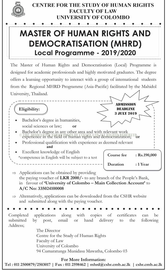 Master of Human Rights & Democratisation (MHRD) - Faculty of Law - University of Colombo