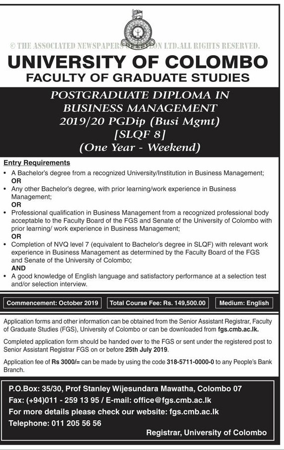 Postgraduate Diploma in Business Management 2019/20 PHDip (Busi Mgmt) - Faculty of Graduate Studies - University of Colombo