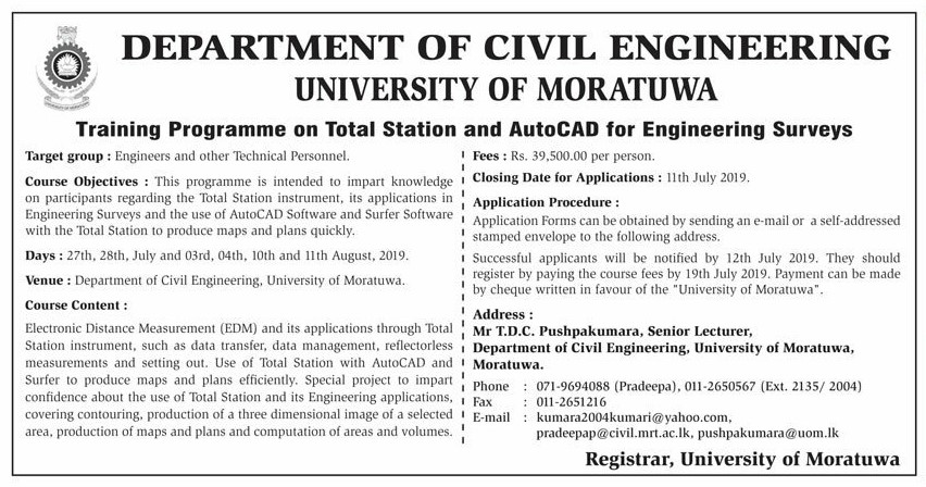 Training Programme on Total Station & AutoCAD for Engineering Surveys - Department of Civil Engineering - University of Moratuwa