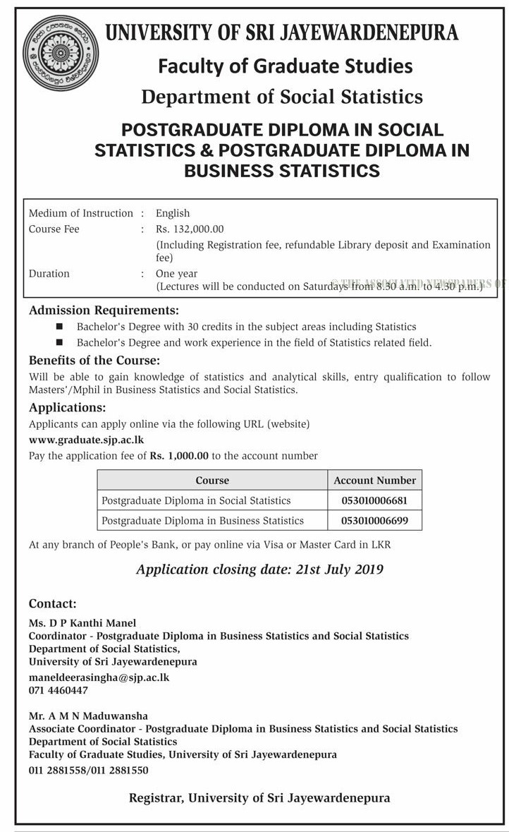 Postgraduate Diploma in Social Statistics & Postgraduate Diploma in Business Statistics - Faculty of Graduate Studies - University of Sri Jayewardenepura