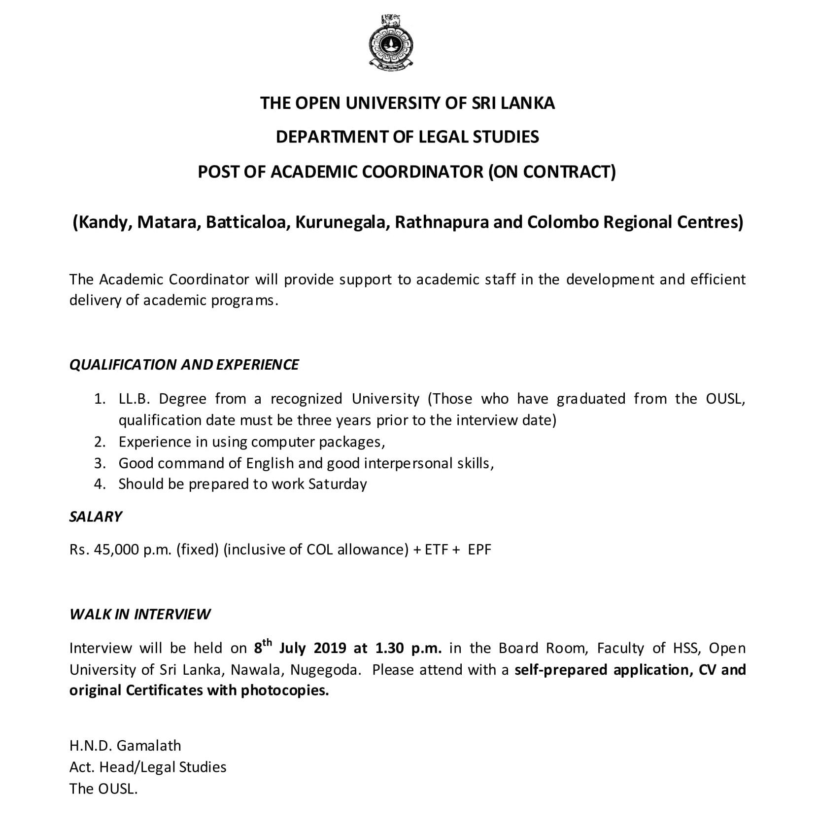 Project Assistant, Academic Coordinator - The Open University of Sri Lanka