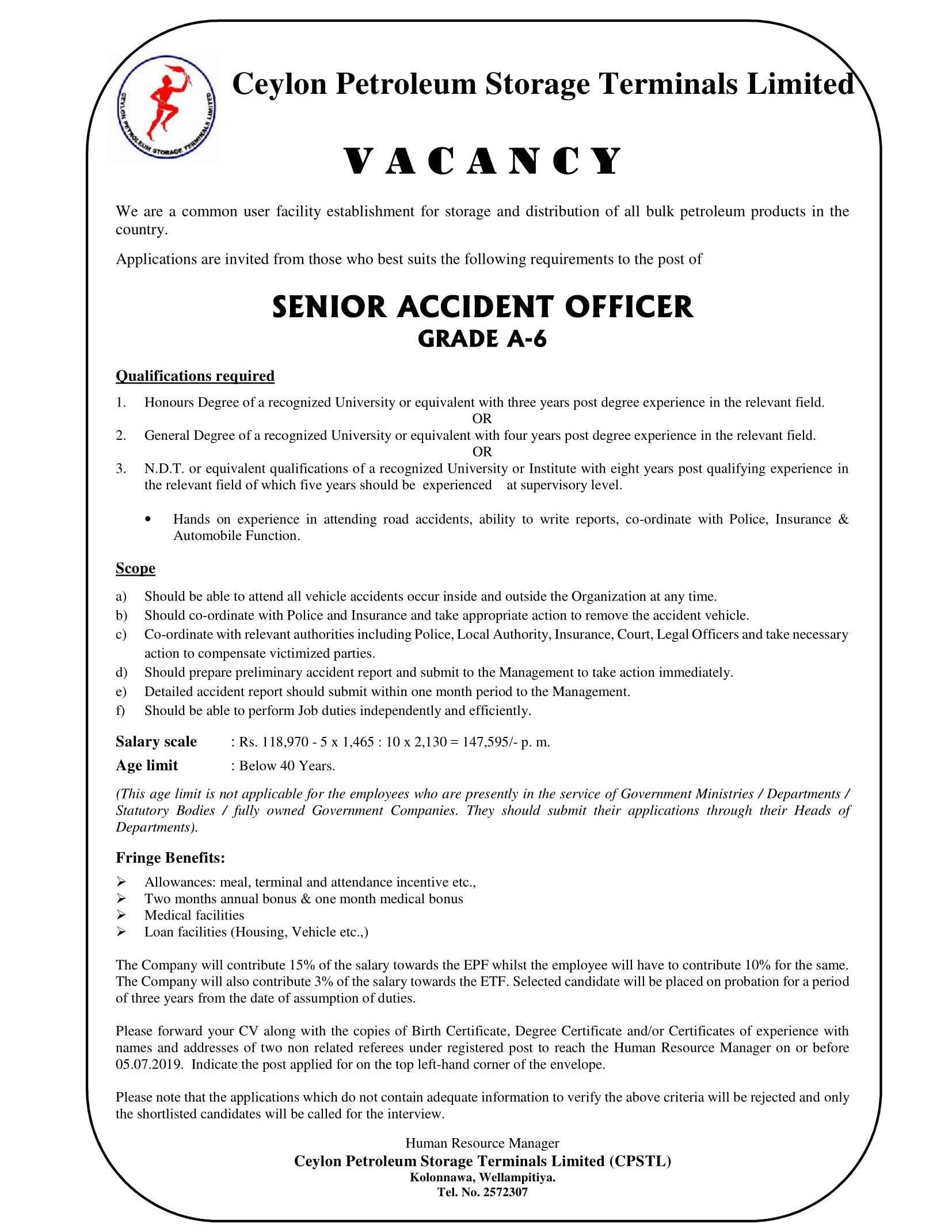 Senior Accident Officer - Ceylon Petroleum Storage Terminals Limited