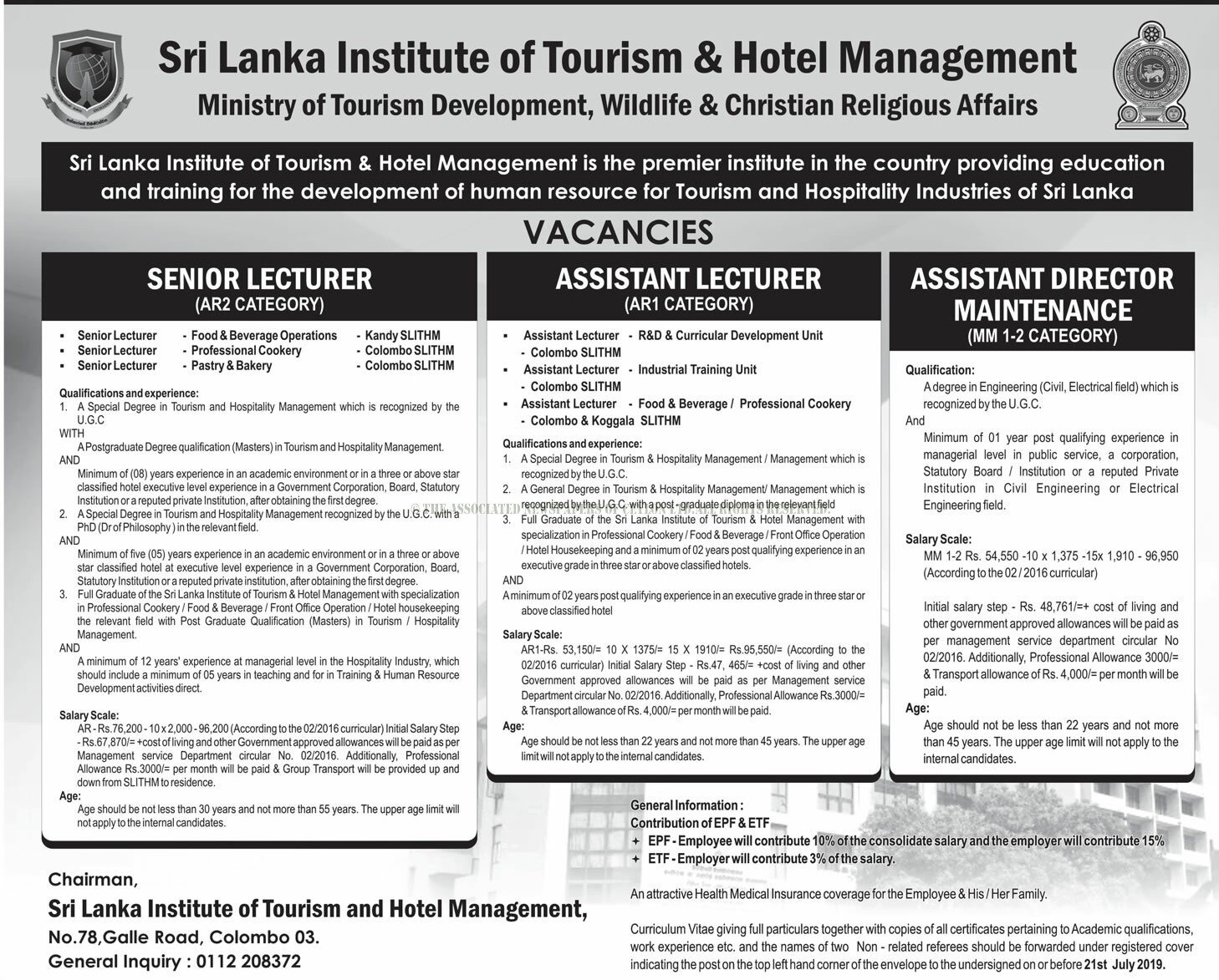 Senior Lecture, Assistant Lecture, Assistant Director (Maintenance) - Sri Lanka Institute of Tourism & Hotel Management 