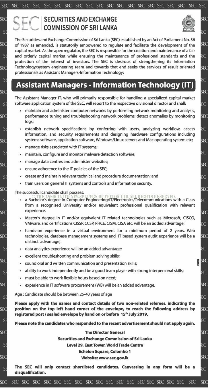 Assistant Manager (IT) - Securities & Exchange Commission of Sri Lanka