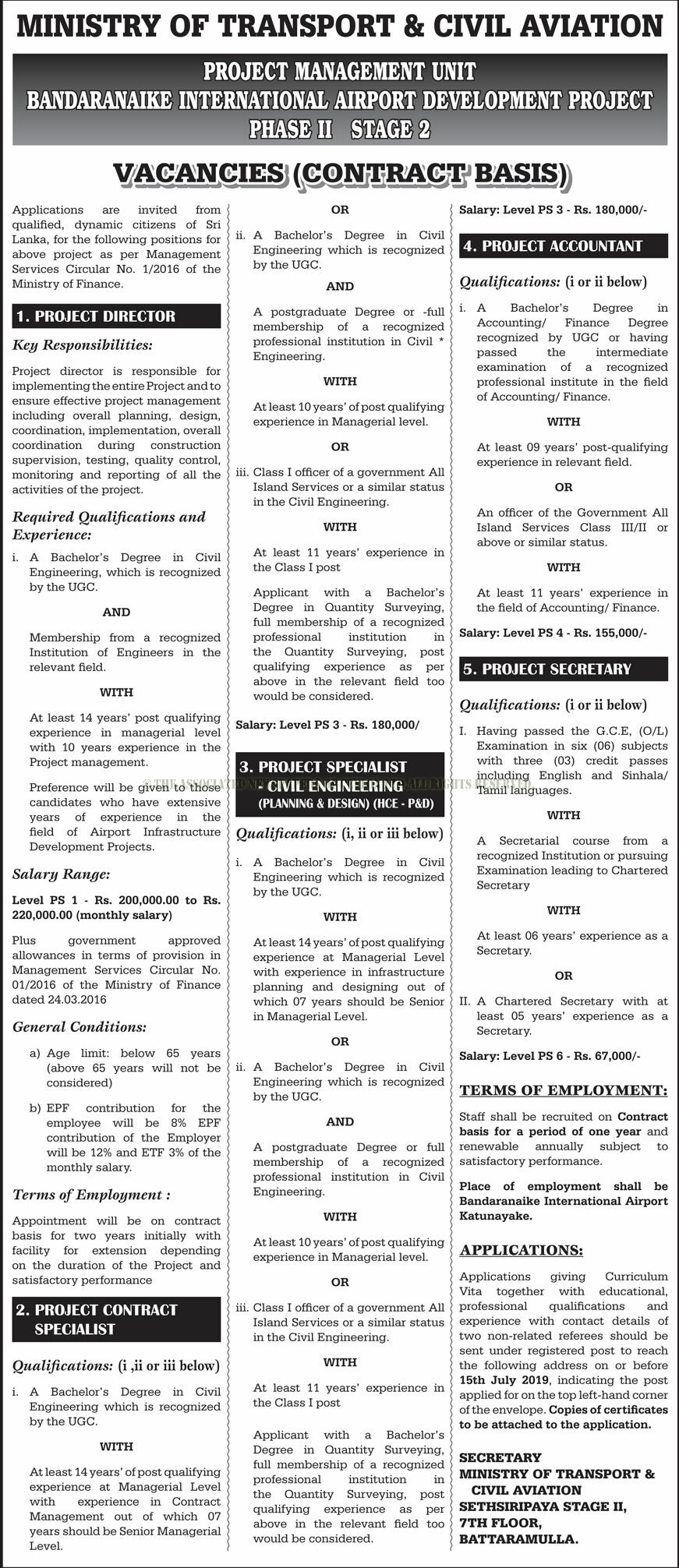 Project Secretary, Project Accountant, Project Specialist (Civil Engineering), Project Contract Specialist, Project Director - Ministry of Transport & Civil Aviation 