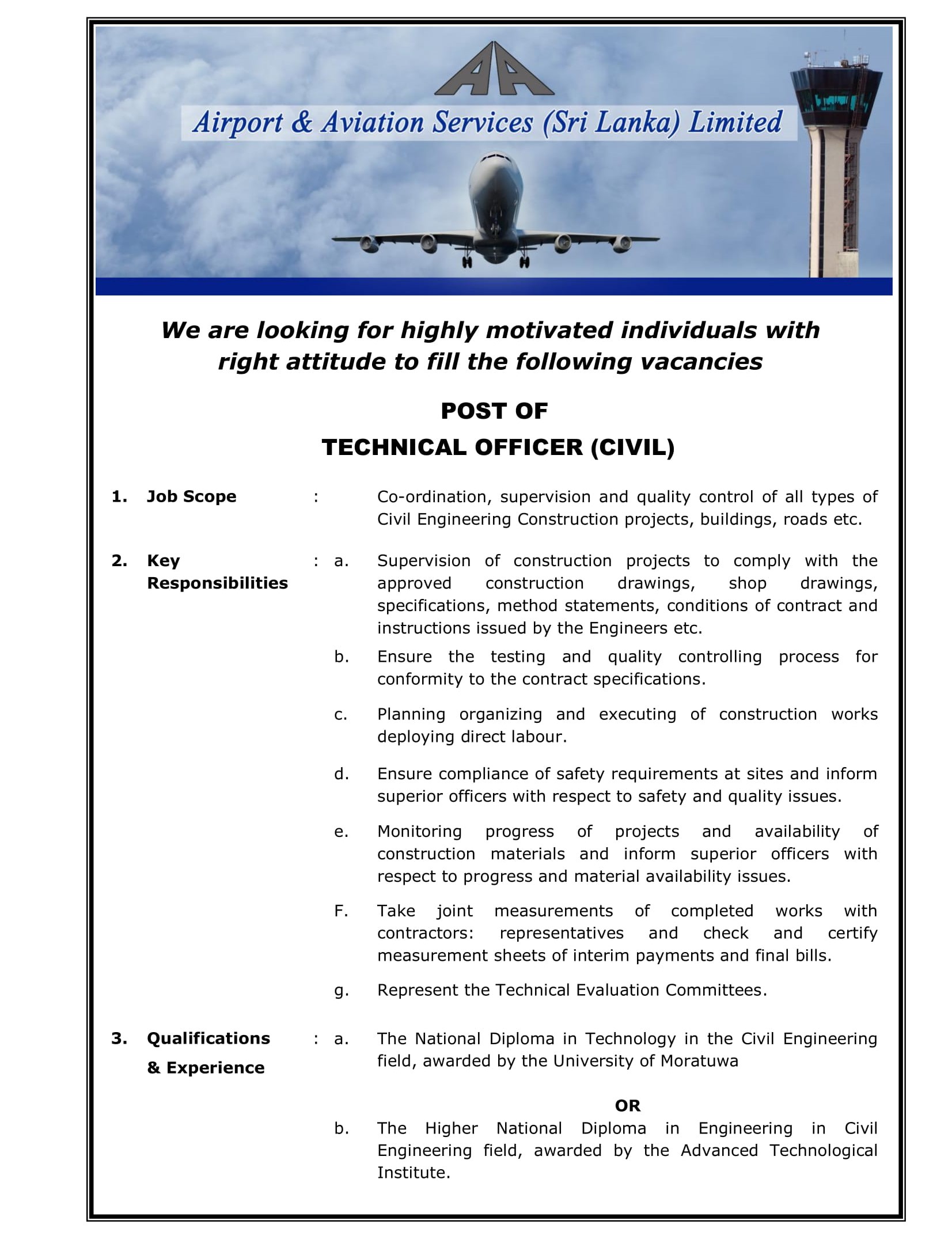 Technical Officer (Civil) - Airport & Aviation Services (Sri Lanka) Limited