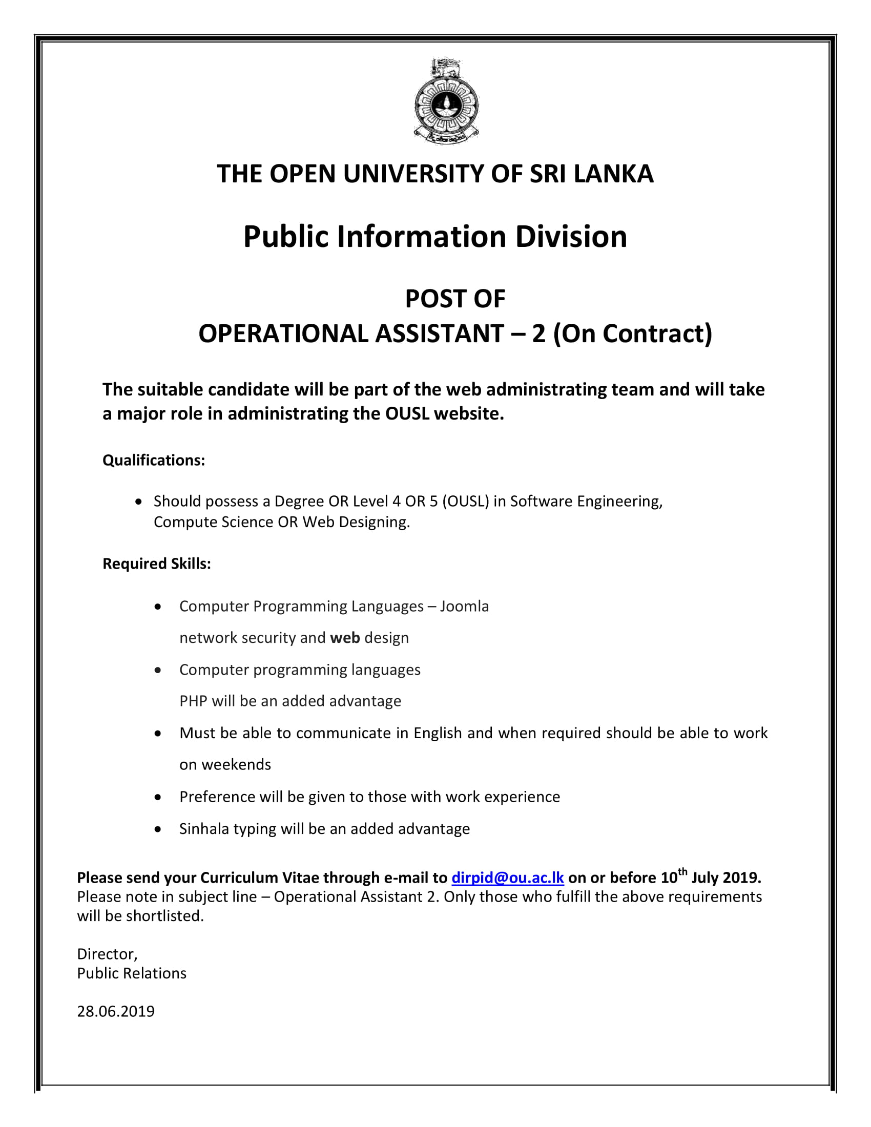 Operational Assistant - The Open University of Sri Lanka