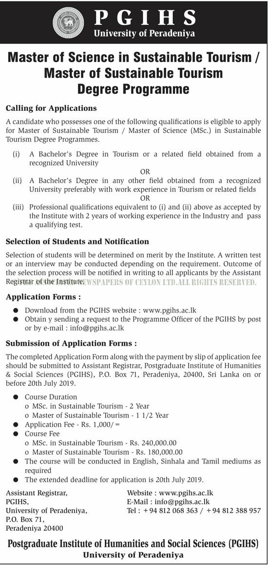 Master of Science in Sustainable Tourism / Master of Sustainable Tourism Degree Programme - University of Peradeniya