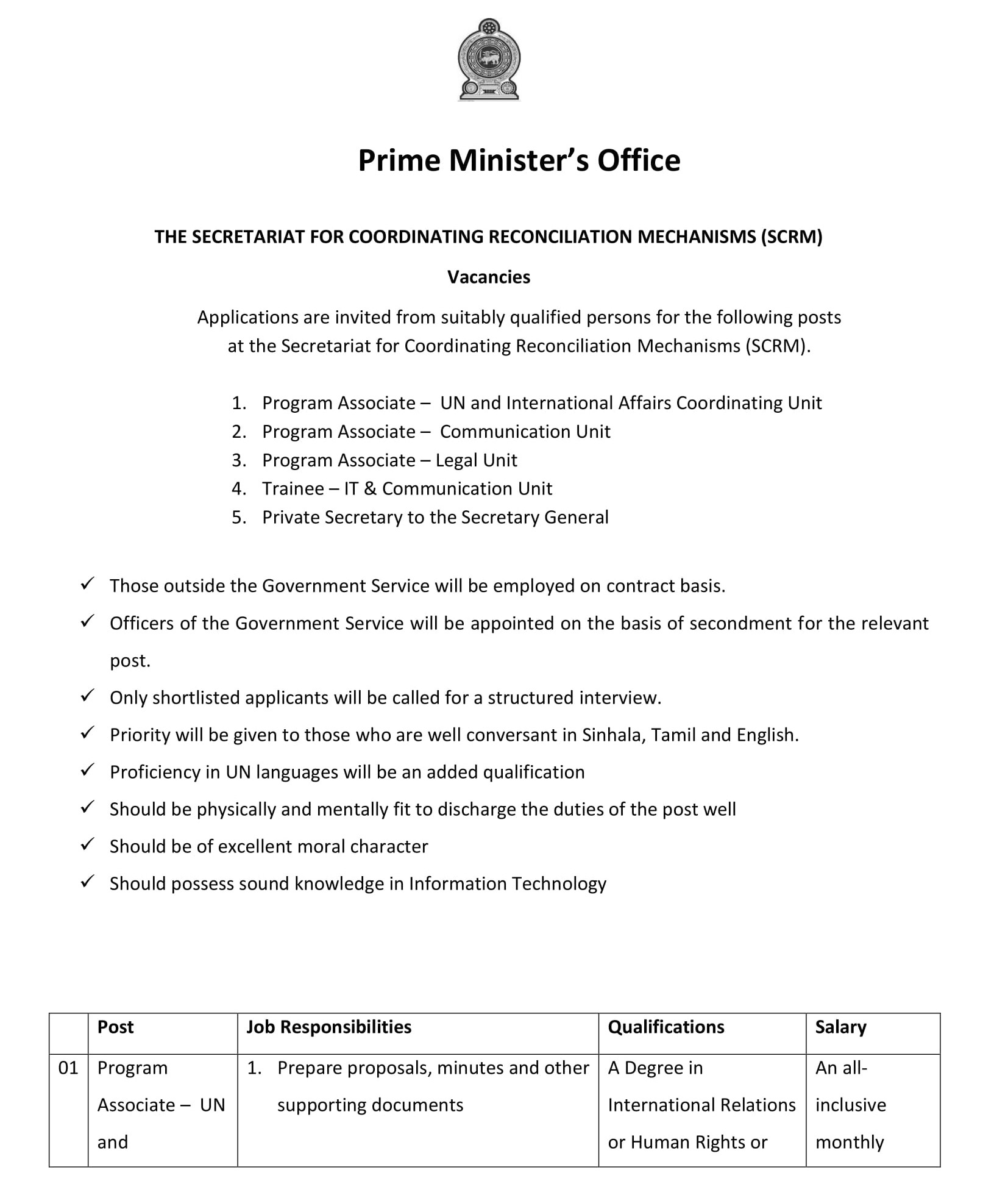 Program Associate, Trainee (IT & Communication Unit), Private Secretary to the Secretary General - Prime Ministerâ€™s Office