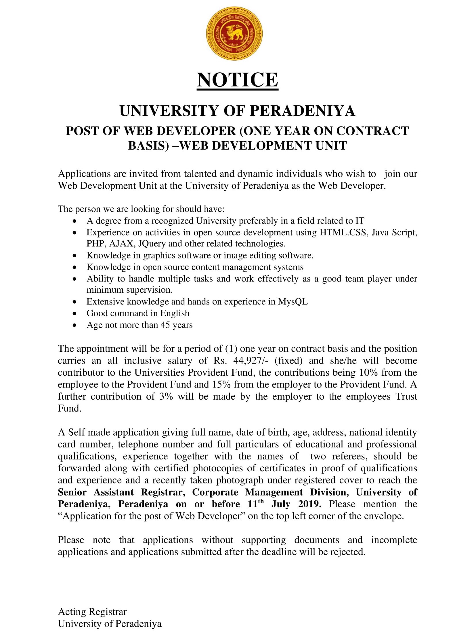 Web Developer - University of Peradeniya