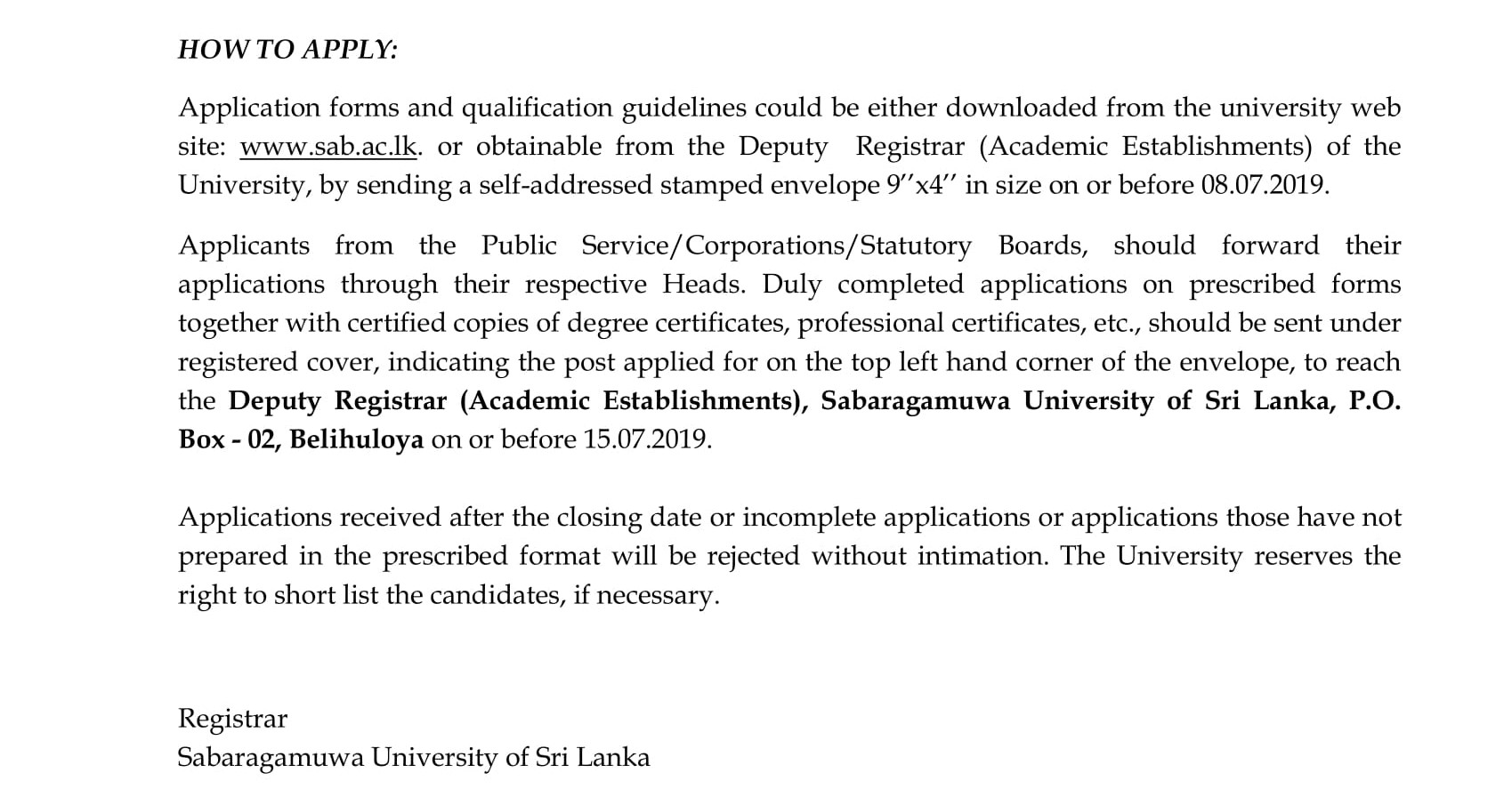 Assistant Librarian, Senior Assistant Librarian, Research Assistant - Sabaragamuwa University of Sri Lanka