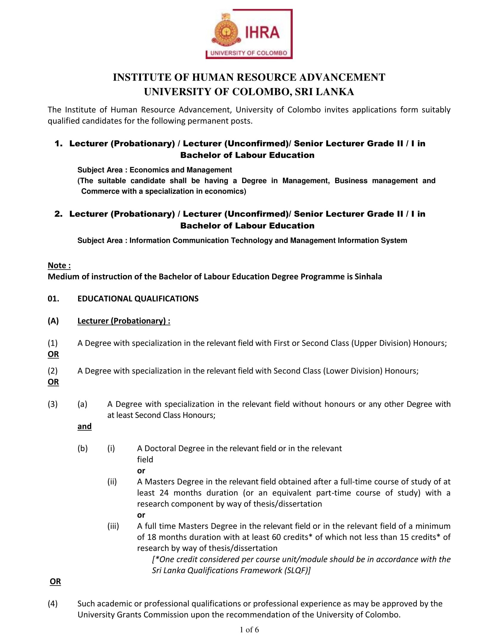 Senior Lecturer, Lecturer - University of Colombo