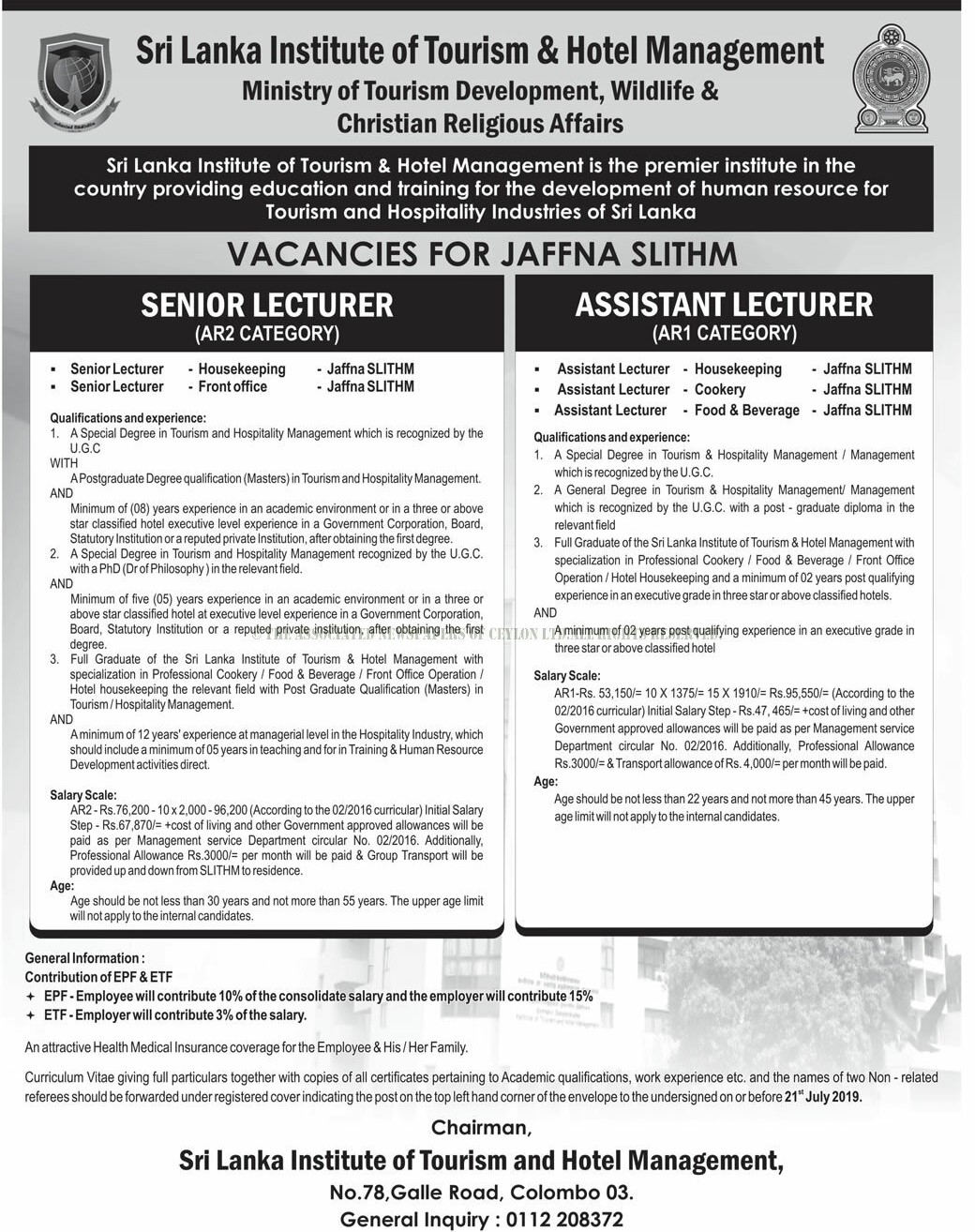 Senior Lecturer, Assistant Lecturer - Sri Lanka Institute of Tourism & Hotel Management