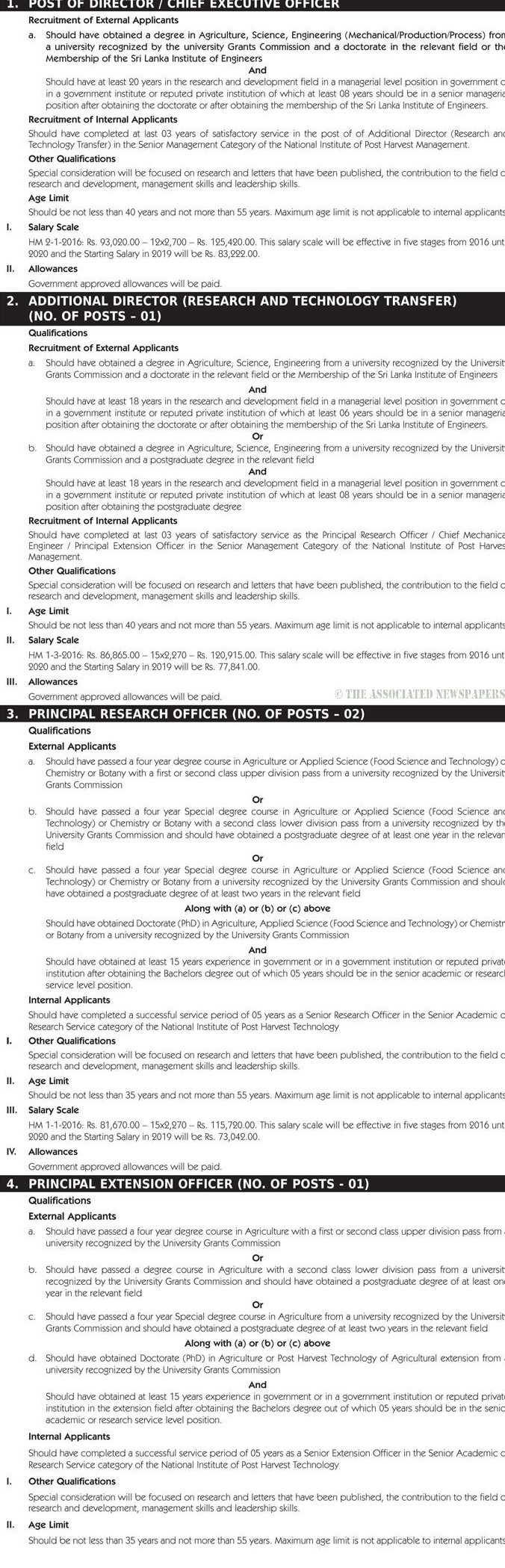 Extension Assistant, Extension Officer, Administrative Officer, Principal Extension Officer, Principal Research Officer, Additional Director (Research & Technology Transfer), Director/Chief Executive Officer, Technical Assistant (Mechanical/Electrical) - National Institute of Post Harvest Management