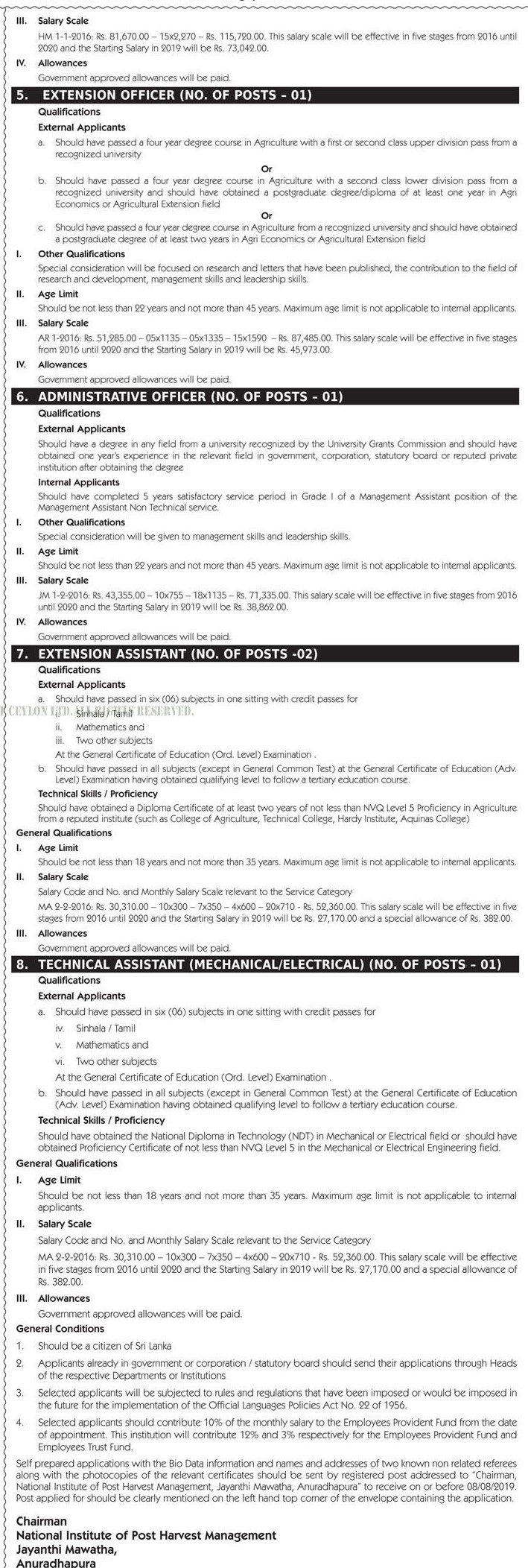 Extension Assistant, Extension Officer, Administrative Officer, Principal Extension Officer, Principal Research Officer, Additional Director (Research & Technology Transfer), Director/Chief Executive Officer, Technical Assistant (Mechanical/Electrical) - National Institute of Post Harvest Management