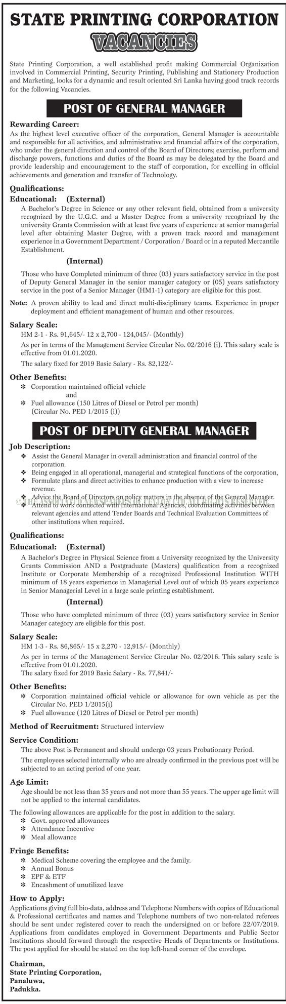 General Manager, Deputy General Manager - State Printing Corporation