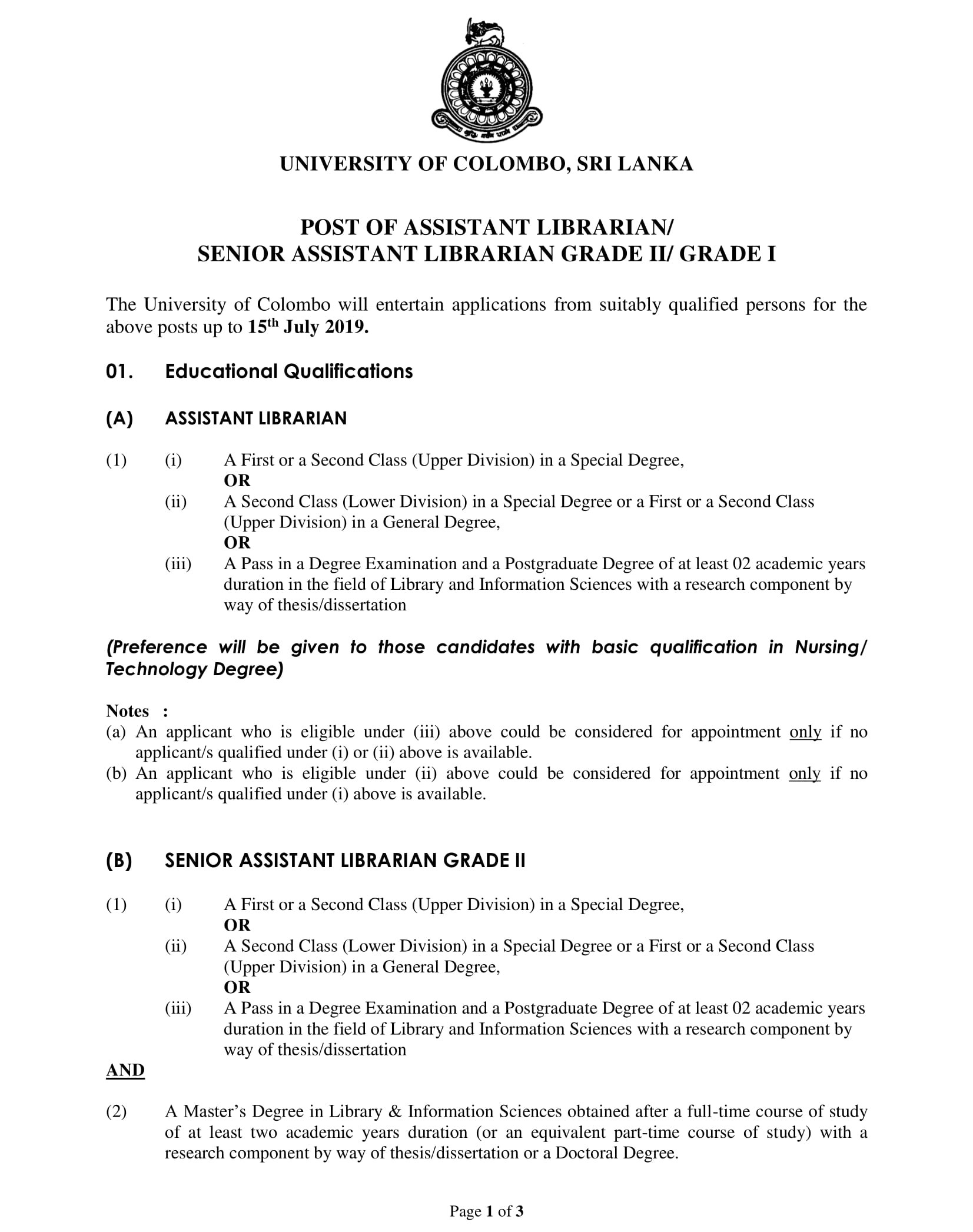 Assistant Librarian, Senior Assistant Librarian - University of Colombo