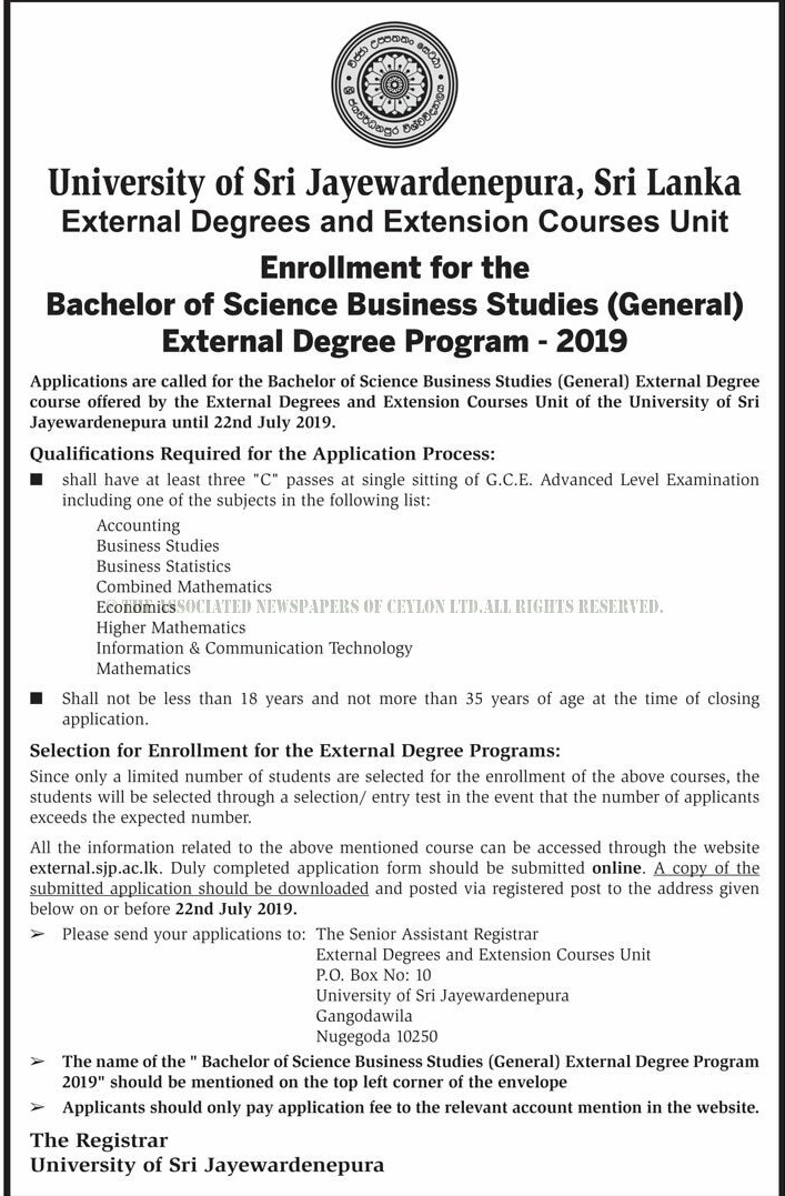 Enrollment for the Bachelor of Science Business Studies (General) External Degree Program 2019 - University of Sri Jayewardenepura