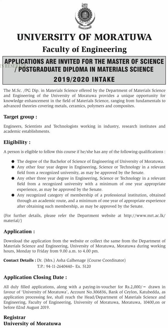 Master of Science/Postgraduate Diploma in Materials Science 2019/2020 Intake - Faculty of Engineering - University of Moratuwa  