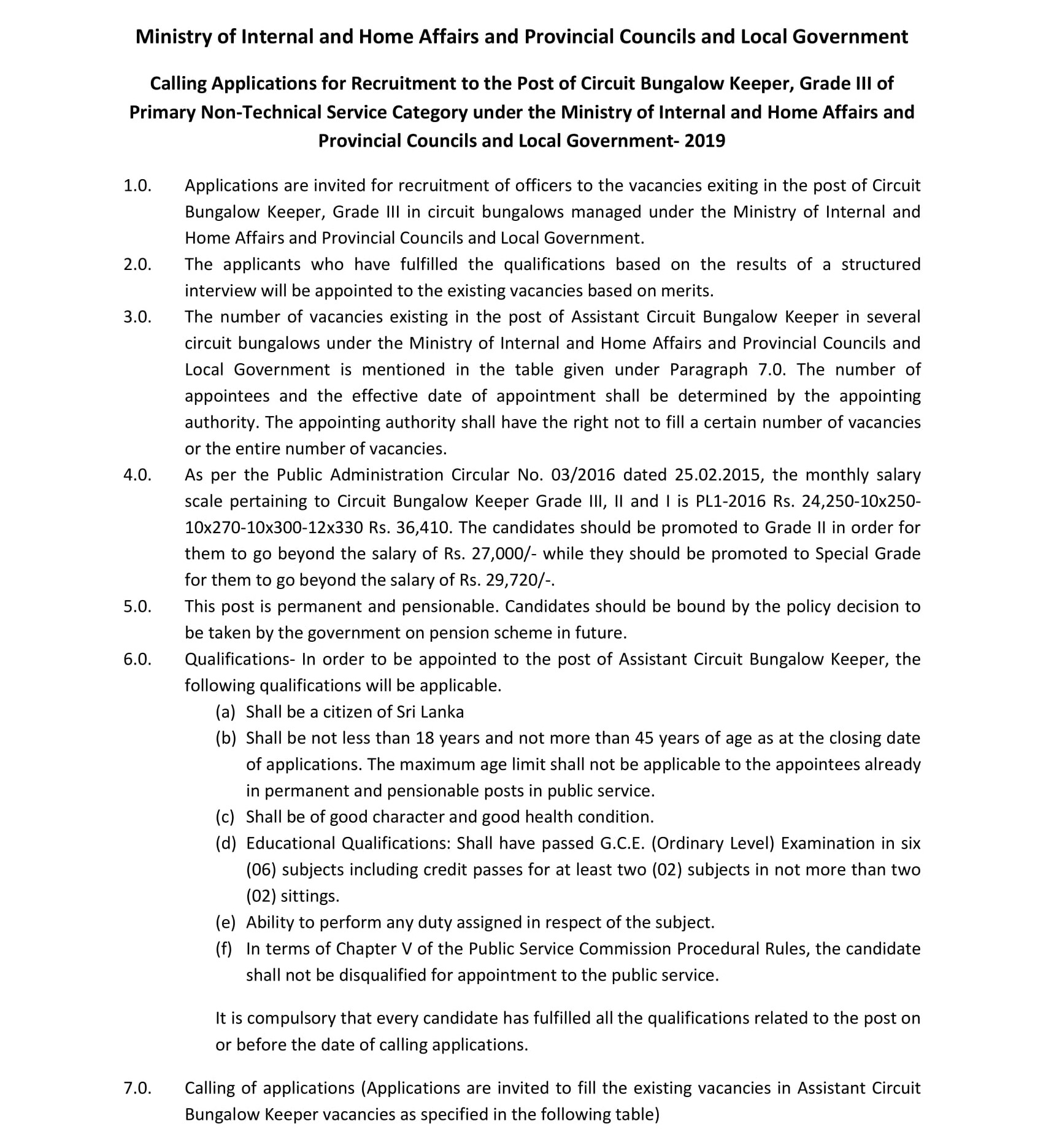 Assistant Circuit Bungalow Keeper - Ministry of Internal & Home Affairs & Provincial Councils & Local Government