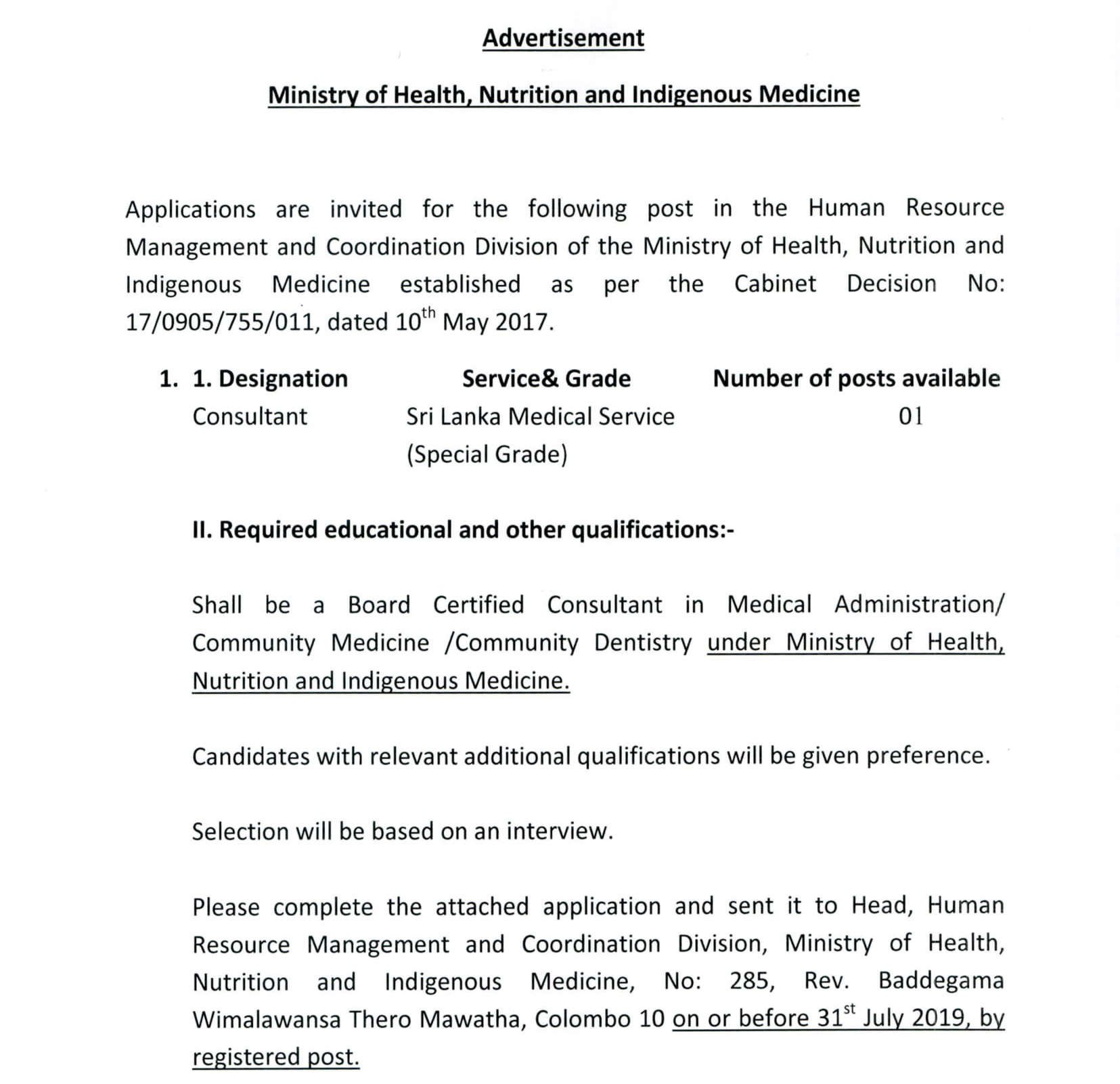 Consultant - Ministry of Health, Nutrition & Indigenous Medicine