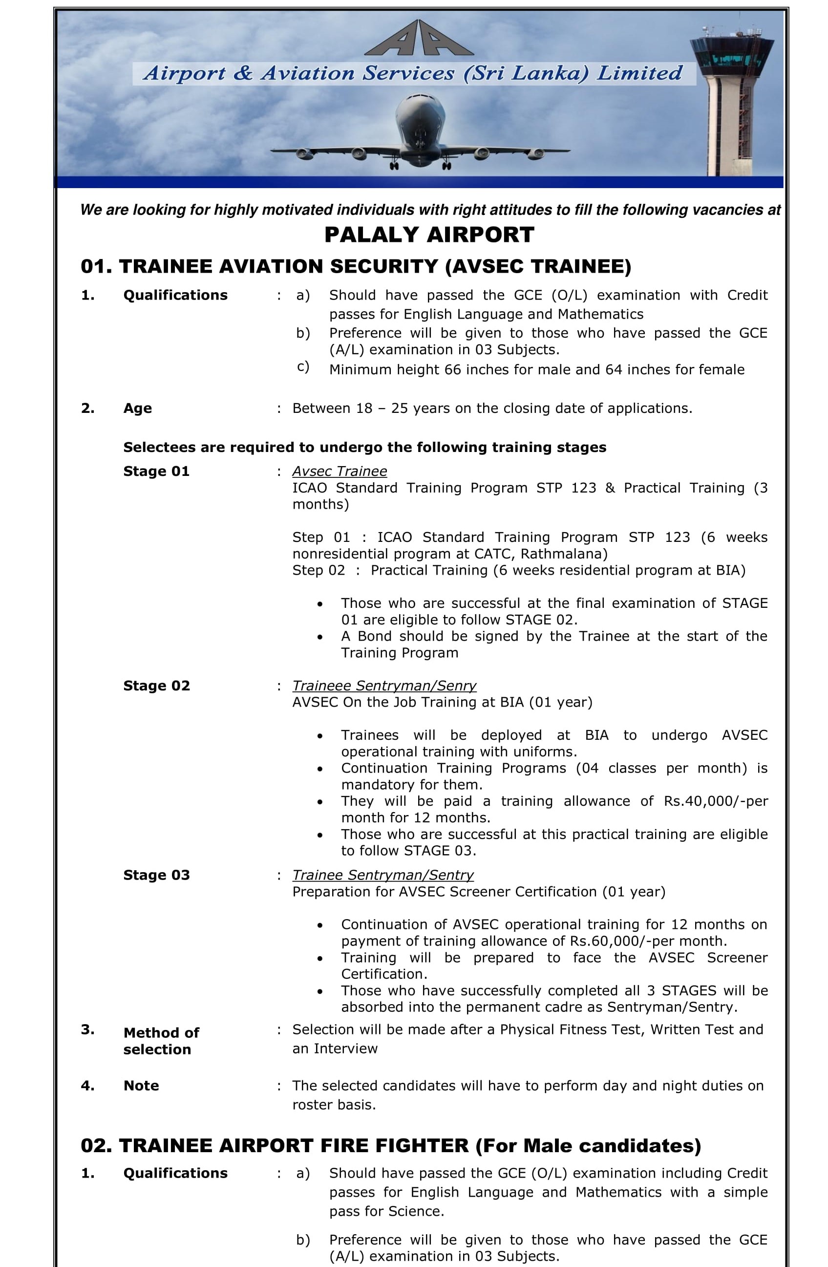 Management Assistant, Staff Nurse, Trainee Airport Services Assistant, Trainee Airport Fire Fighter, Trainee Aviation Security (Avsec Trainee) - Airport & Aviation Services (Sri Lanka) Ltd