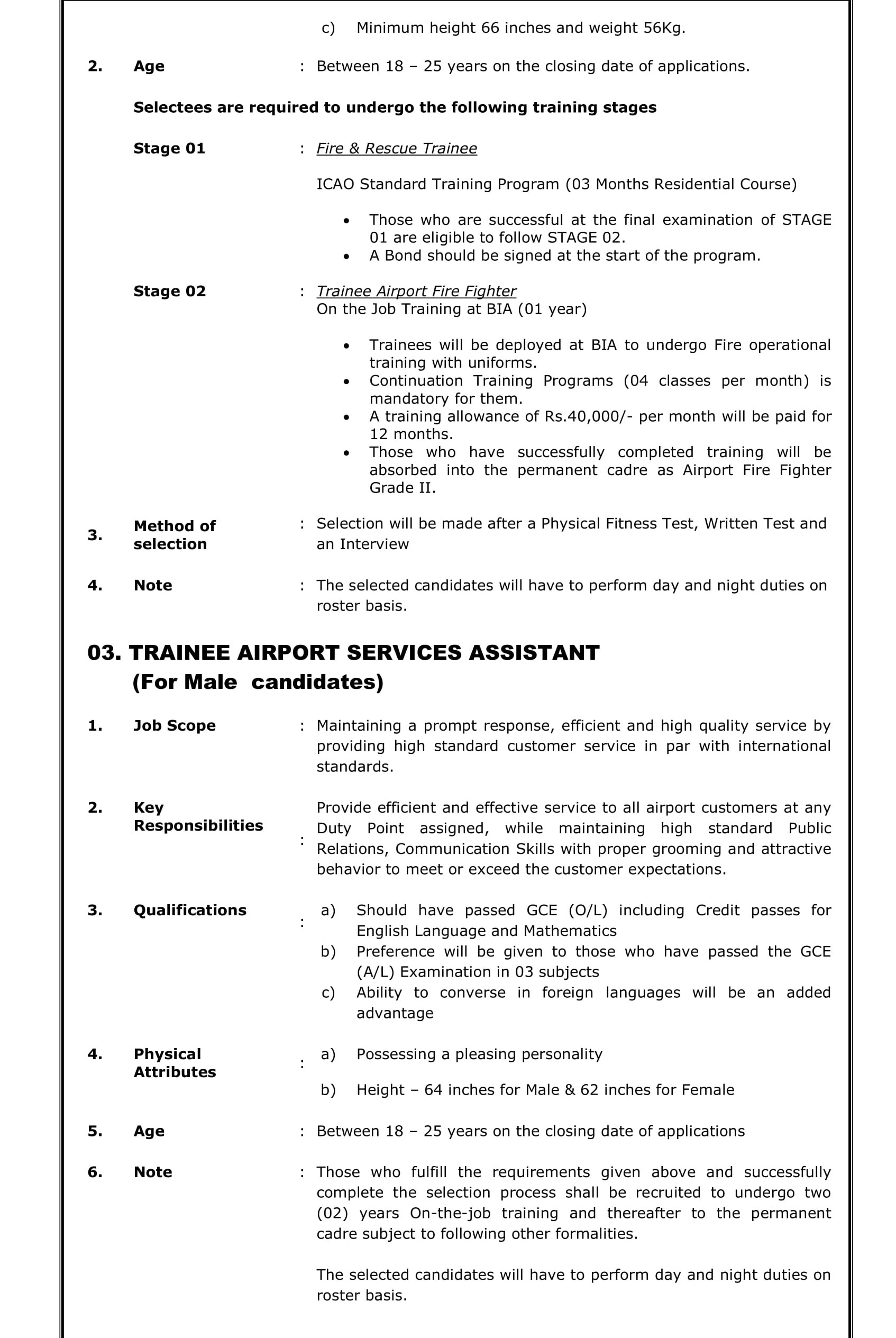 Management Assistant, Staff Nurse, Trainee Airport Services Assistant, Trainee Airport Fire Fighter, Trainee Aviation Security (Avsec Trainee) - Airport & Aviation Services (Sri Lanka) Ltd