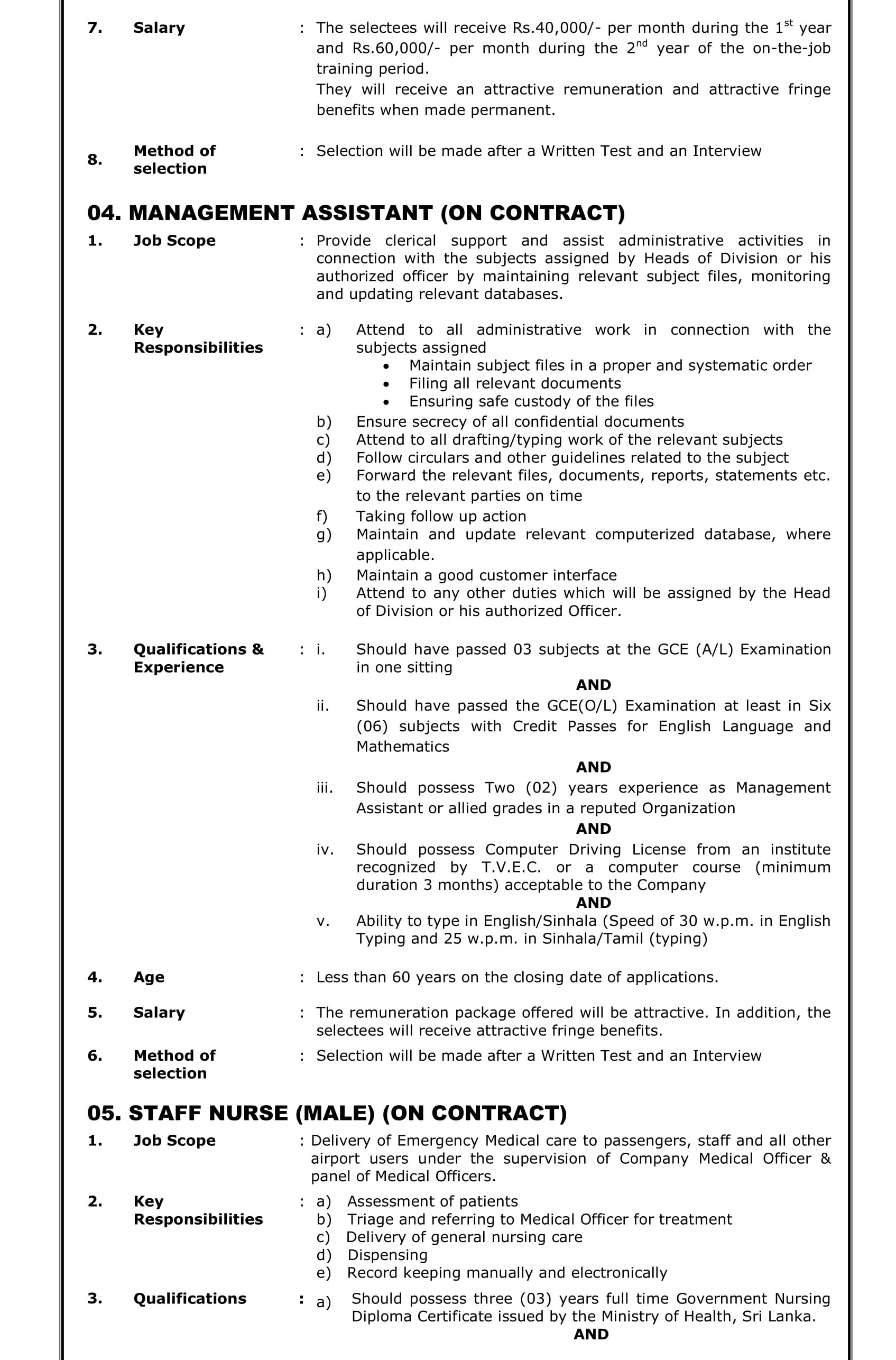 Management Assistant, Staff Nurse, Trainee Airport Services Assistant, Trainee Airport Fire Fighter, Trainee Aviation Security (Avsec Trainee) - Airport & Aviation Services (Sri Lanka) Ltd