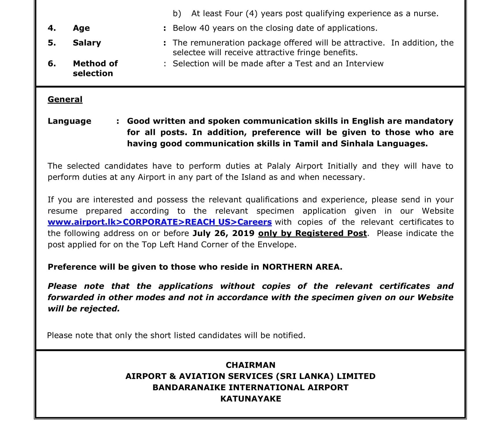 Management Assistant, Staff Nurse, Trainee Airport Services Assistant, Trainee Airport Fire Fighter, Trainee Aviation Security (Avsec Trainee) - Airport & Aviation Services (Sri Lanka) Ltd