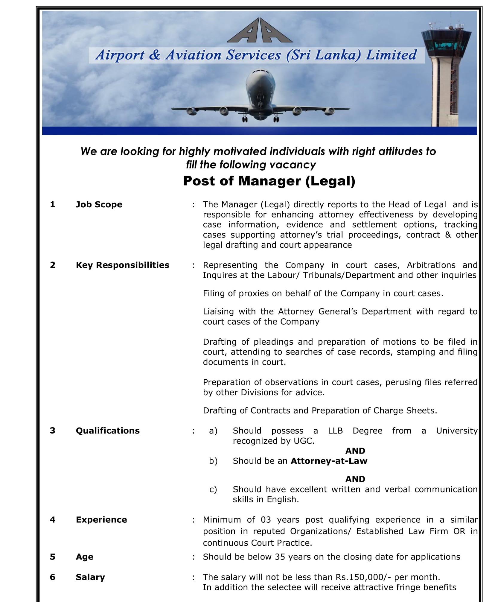 Manager (Legal) - Airport & Aviation Services (Sri Lanka) Ltd