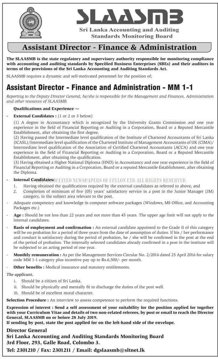 Assistant Director (Finance & Administration), Director Technical (Chartered Accountant)  - Sri Lanka Accounting & Auditing Standards Monitoring Board