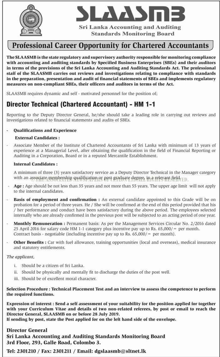 Assistant Director (Finance & Administration), Director Technical (Chartered Accountant)  - Sri Lanka Accounting & Auditing Standards Monitoring Board