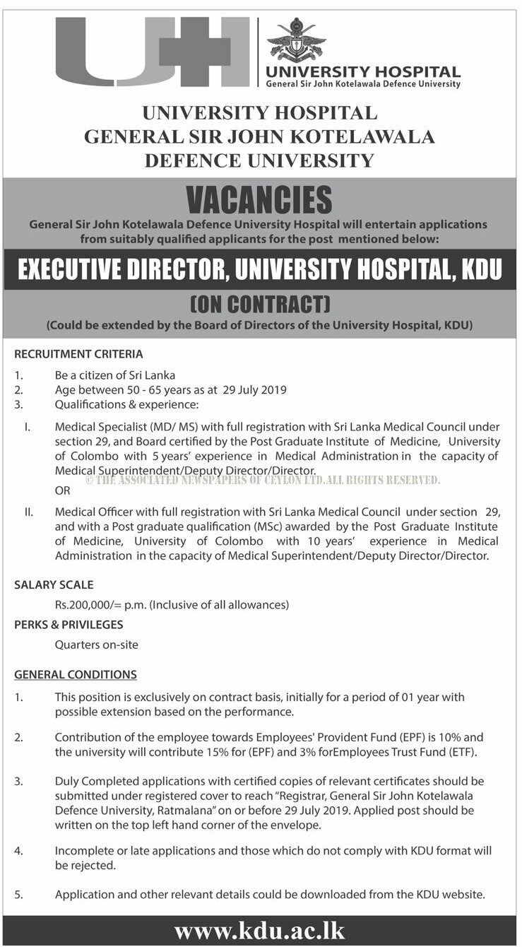 Executive Director - University Hospital - General Sir John Kotelawala Defence University