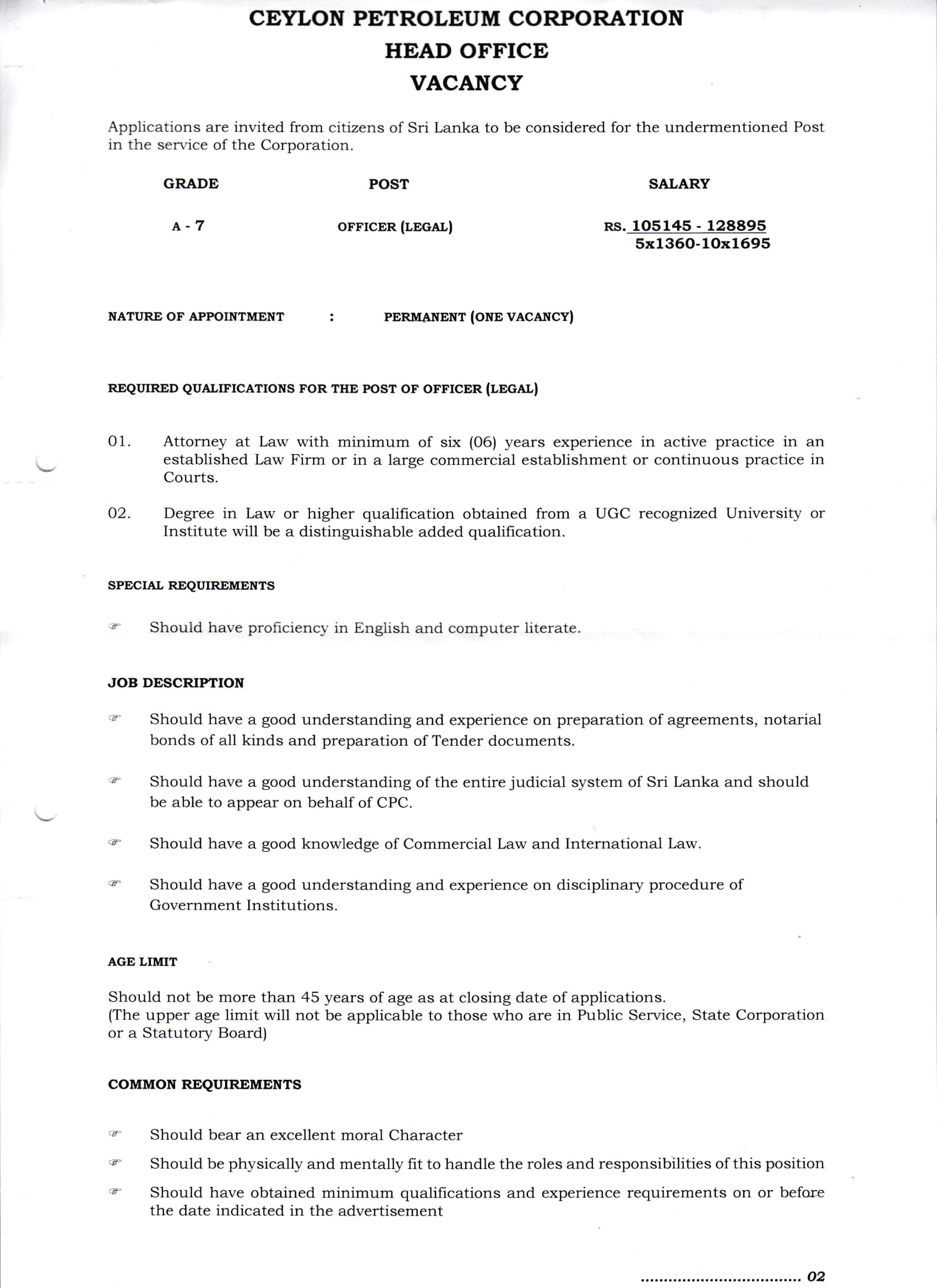 Accountant, Officer (Legal) - Ceylon Petroleum Corporation
