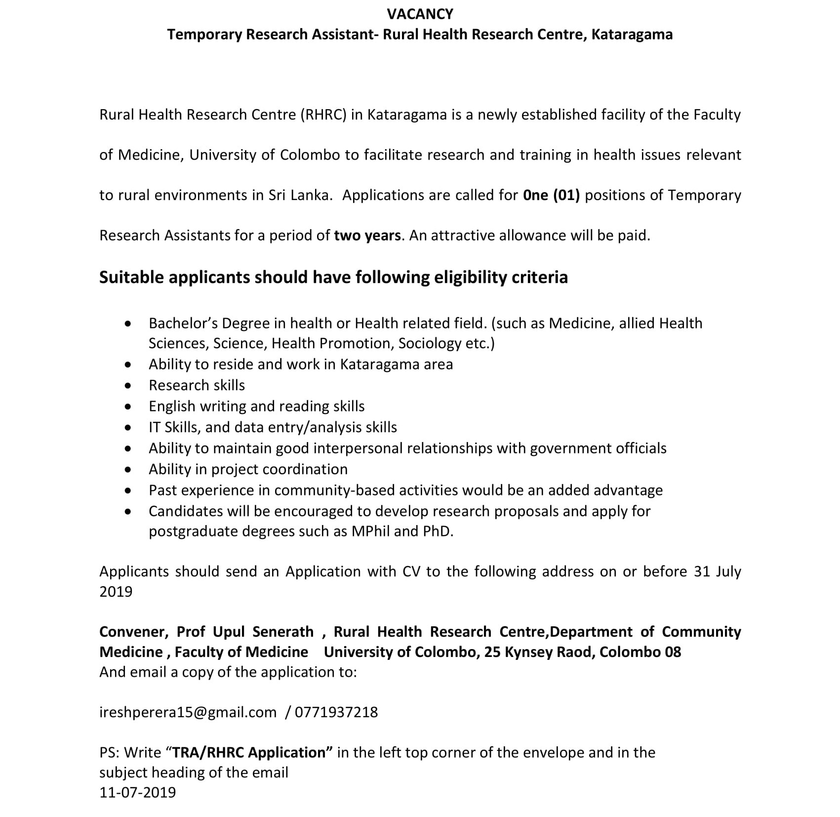 Research Assistant - University of Colombo