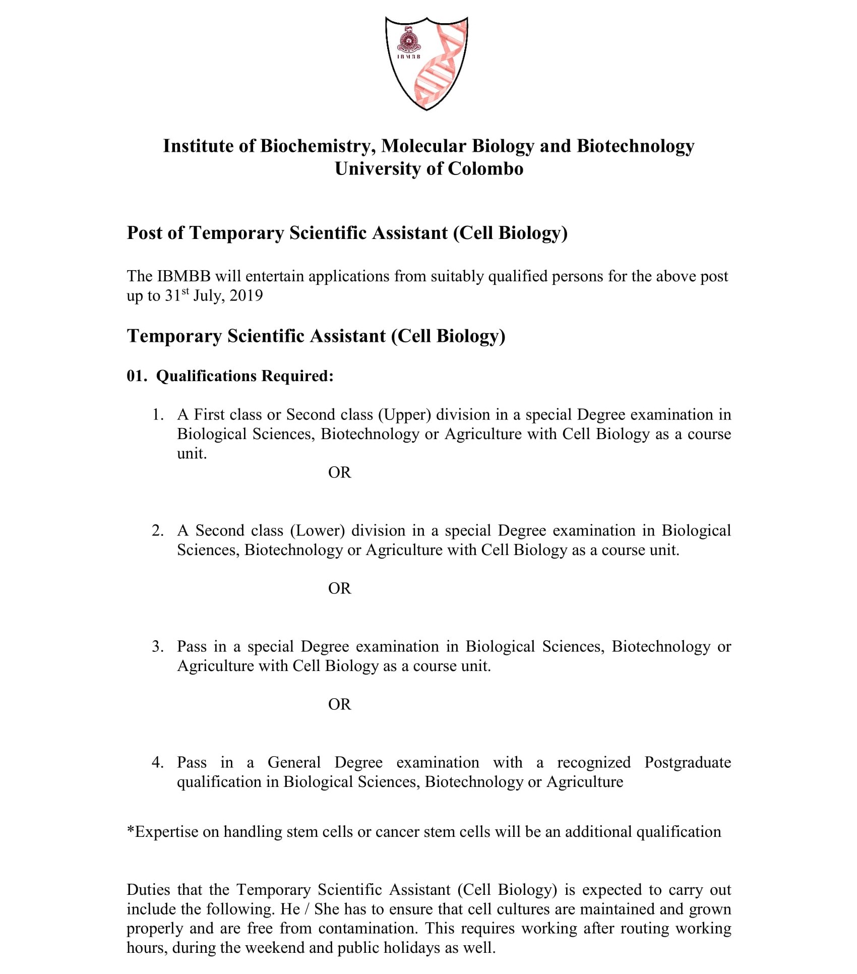 Scientific Assistant (Cell Biology) - University of Colombo