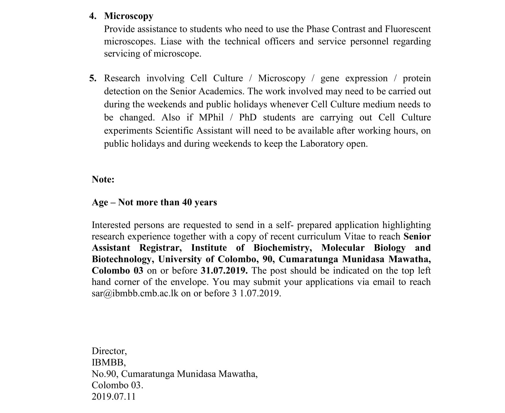 Scientific Assistant (Cell Biology) - University of Colombo