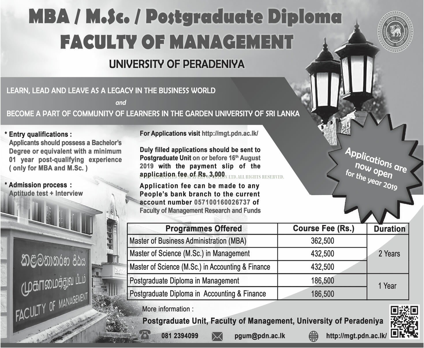 MBA/M.Sc. Postgraduate Diploma - Faculty of Management - University of Peradeniya 