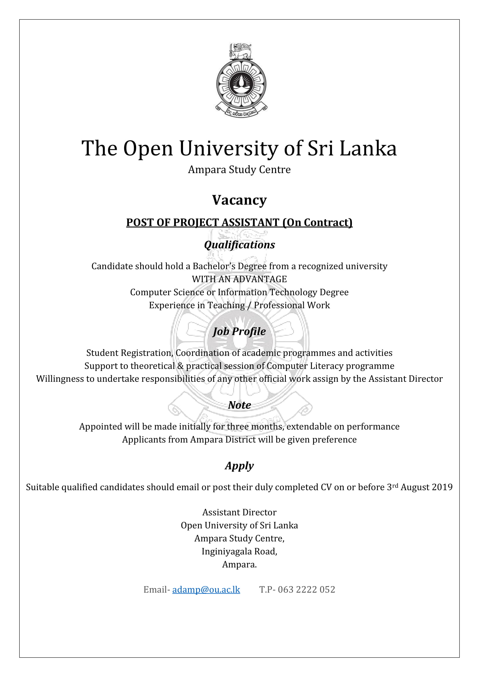 Project Assistant - The Open University of Sri Lanka